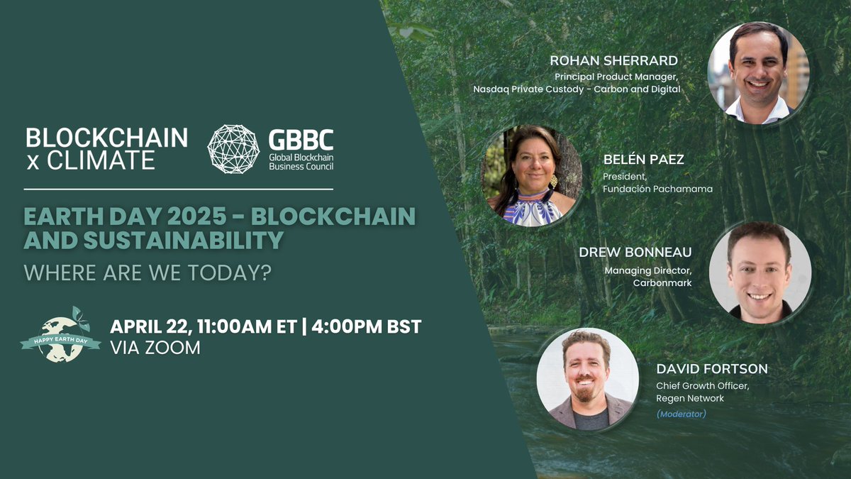 Blockchain x Climate (BxC) (@bxclimate) on Twitter photo In honor of #EarthDay, BxC and <a href="/GBBCouncil/">Global Blockchain Business Council (GBBC)</a> hosted the webinar “Blockchain and Sustainability: Where are We Today?” on April 22, joined by <a href="/regen_network/">Regen Network</a>, <a href="/Nasdaq/">Nasdaq</a>, <a href="/FPachamama_Ec/">Fundación Pachamama</a>, and <a href="/carbonmarkcom/">Carbonmark</a>
📽️ Watch the recording: youtu.be/quDtB68SIeI In honor of #EarthDay, BxC and <a href="/GBBCouncil/">Global Blockchain Business Council (GBBC)</a> hosted the webinar “Blockchain and Sustainability: Where are We Today?” on April 22, joined by <a href="/regen_network/">Regen Network</a>, <a href="/Nasdaq/">Nasdaq</a>, <a href="/FPachamama_Ec/">Fundación Pachamama</a>, and <a href="/carbonmarkcom/">Carbonmark</a>
📽️ Watch the recording: youtu.be/quDtB68SIeI