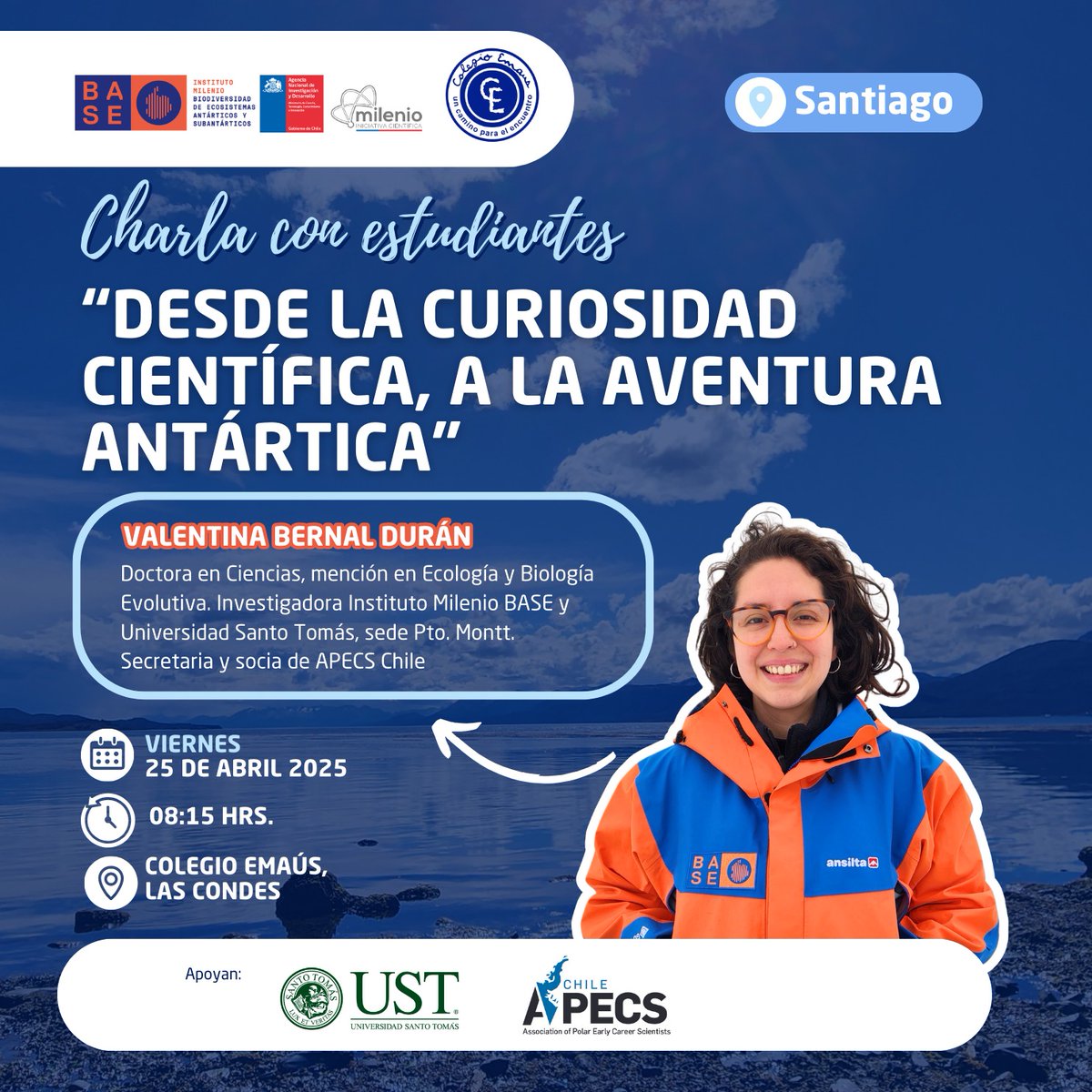 📍Santiago 🏫 [ESCUELAS] Con la charla "Desde la curiosidad científica, a la aventura antártica" la Dra. Valentina Bernal Durán <a href="/SantoTomas_ST/">Santo Tomás</a> <a href="/ApecsChile/">APECS-Chile</a> <a href="/MilenioBASE/">Instituto Milenio BASE</a> expondrá en el Colegio Emaús #EducaciónAntártica ¡Gracias por la invitación! 👏👏👏