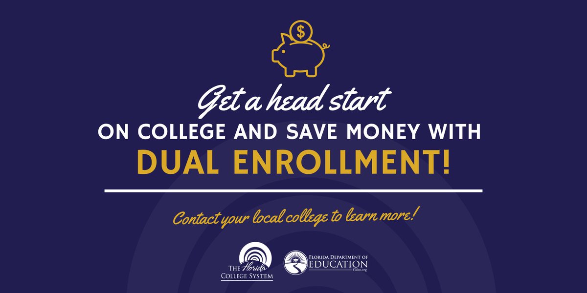 Florida Department of Education (@educationfl) on Twitter photo Did you know? The <a href="/FLCollegeSystem/">Florida College System</a> offers incredible opportunities to earn college credit through dual enrollment. In 2023-24, over 90K high school students earned college credit at ZERO cost, saving Florida families nearly $89M!
Contact your school counselor to learn more. Did you know? The <a href="/FLCollegeSystem/">Florida College System</a> offers incredible opportunities to earn college credit through dual enrollment. In 2023-24, over 90K high school students earned college credit at ZERO cost, saving Florida families nearly $89M!
Contact your school counselor to learn more.