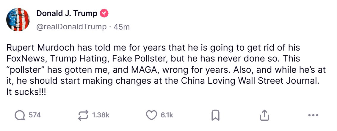 Trump_Intl's tweet image. Trump Blasts Rupert Murdoch Over ‘Fake’ Fox News Pollster, Slams Wall Street Journal as ‘China Loving’
#RupertMurdoch #FoxNews #Pollster #WallStreetJournal #Trump