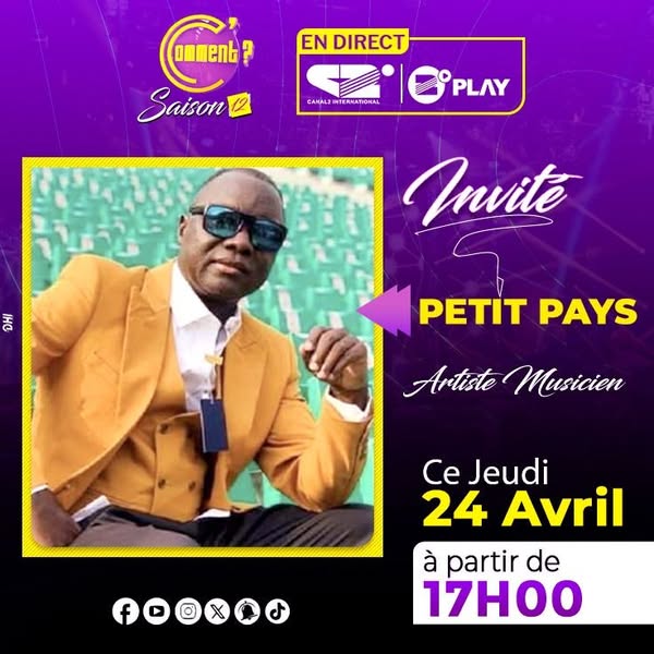 canal2inter's tweet photo. 📷Rendez-vous avec Rabba Rabbi sur "C’Comment" ! 📷📷
Ce jeudi 24 avril à 17H00, le grand maître de la musique Camerounaise, Petit Pays nous fait le plaisir d'être notre invité ! 📷
Alors, ne ratez pas l'émission en direct sur Canal 2 International ! 📷
#Ccomment #Canal2inter https://t.co/pNyVF621U5