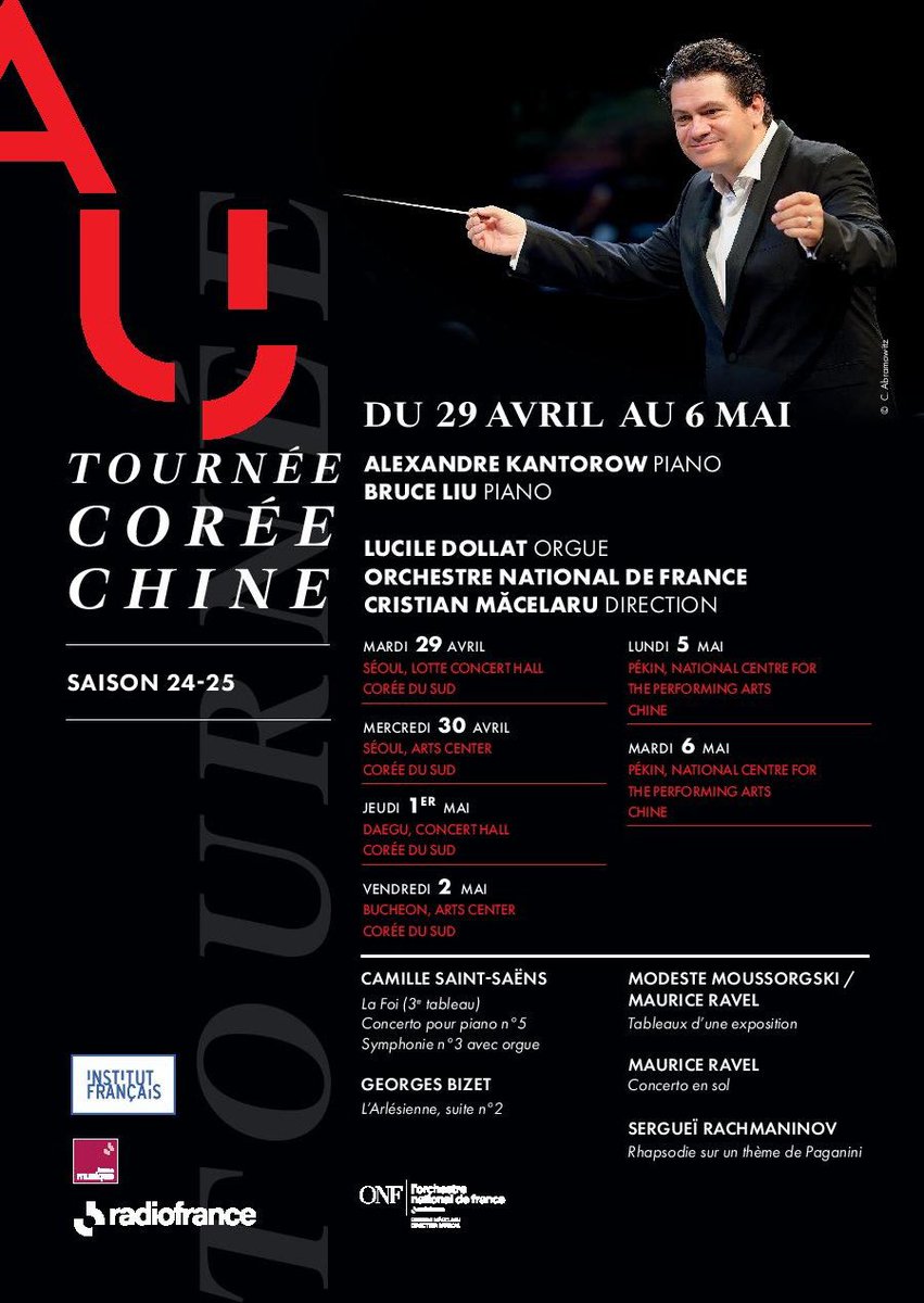 L’Orchestre National de France et <a href="/CristiMacelaru/">Cristian Macelaru</a> partent en tournée en Corée du Sud et en Chine du 29 avril au 6 mai 2025 avec les pianistes Alexandre Kantorow et <a href="/Bruceliupiano/">Bruce Liu</a> pour un répertoire consacré en grande majorité à la musique française !

radiofrance.com/presse/tournee…
