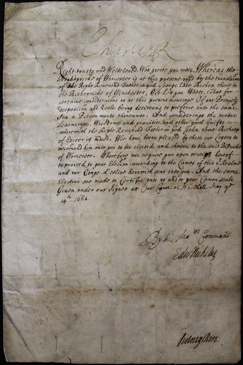 On 14th May 1662 King Charles II wrote to the Dean and Chapter of the Cathedral telling them that John Gauden would be the next Bishop of Worcester. Charles' signature is at the top of the page (WCM D597).