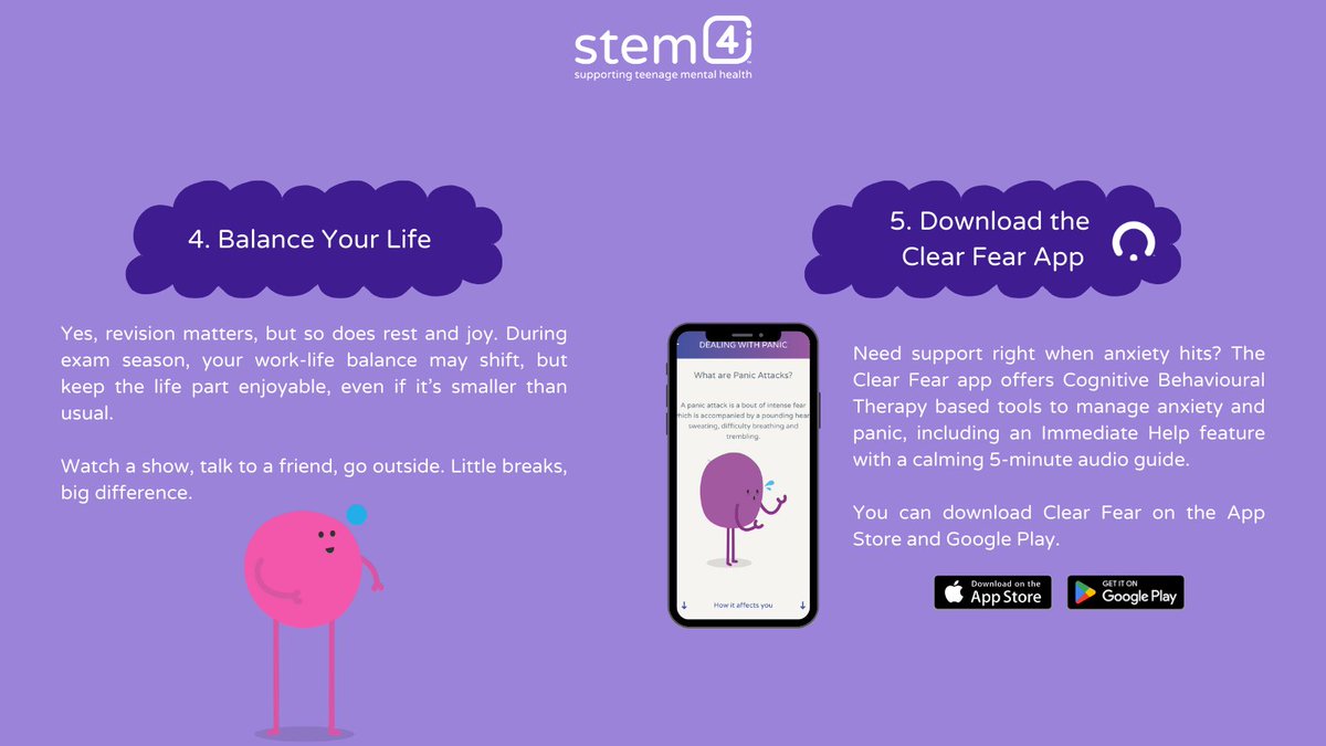 stem4org's tweet image. Stressed about exams? You’re not alone. 💭 Dr. Nihara Krause shares tips to shift your mindset, calm your body & feel more in control. You've got this. 💪
📱 Need support now? Try the @clearfearapp
clearfear.stem4.org.uk
#ExamSeason #MentalHealthMatters #ClearFear