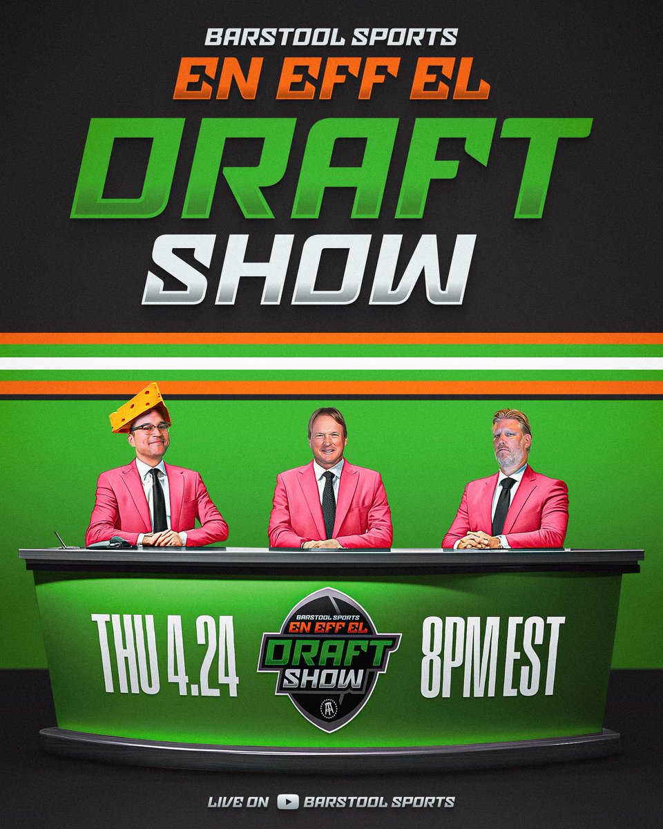 Barstool Sports (@barstoolsports) on Twitter photo Tune in to the En Eff El Draft Show tonight at 8PM ET hosted by <a href="/BarstoolGruden/">Jon Gruden</a> <a href="/BFW/">Brandon Walker</a> <a href="/StevenCheah/">Steven Cheah</a> featuring special guests
Available on all Barstool Sports platforms Tune in to the En Eff El Draft Show tonight at 8PM ET hosted by <a href="/BarstoolGruden/">Jon Gruden</a> <a href="/BFW/">Brandon Walker</a> <a href="/StevenCheah/">Steven Cheah</a> featuring special guests
Available on all Barstool Sports platforms