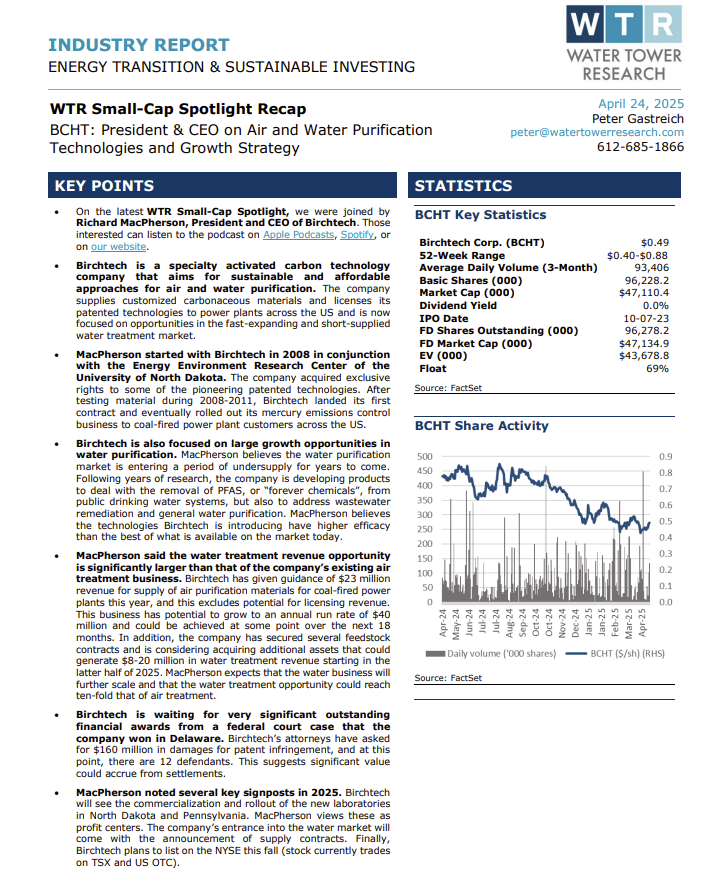 WTR_Research's tweet photo. Read Peter Gastreich's recap from his podcast with @birchtechcorp CEO Richard MacPherson. Check out the full report for links to the episode!
https://t.co/pSRUehPvhL
$BCHT #Birchtech #Podcast #SmallCap #Sustainability #Investing #WTRInsights https://t.co/JehGUFTmle