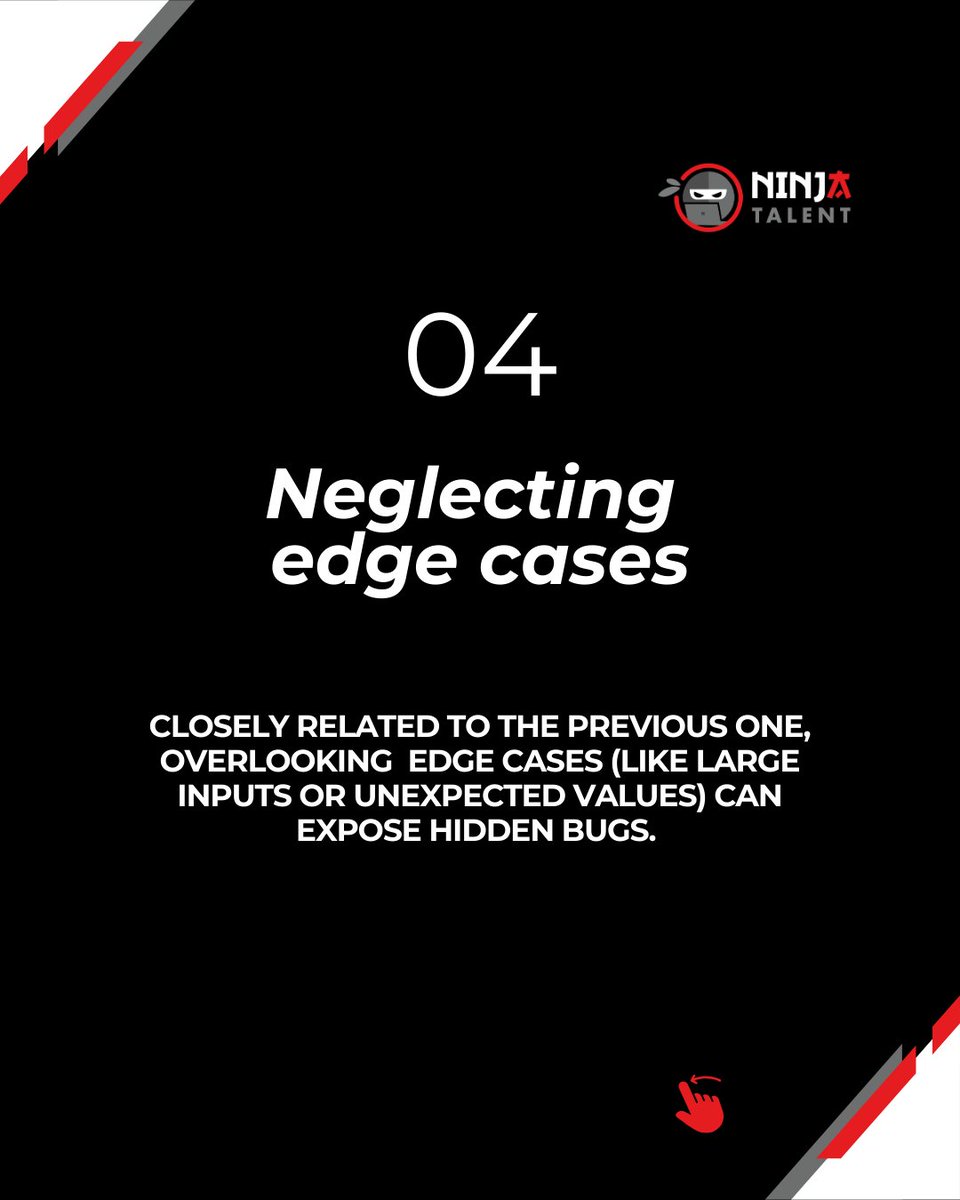 NinjaTalent_'s tweet image. ❌Lack of Communication
❌ Rushing to code
❌ Not testing your code
❌ Neglecting edge cases
Have you ever committed any of these in the past? Comment and share with the Ninja community how it helped you improve. 🚀
🔗 ninjatalent.net
#CodeInterview #NinjaTalent #IT