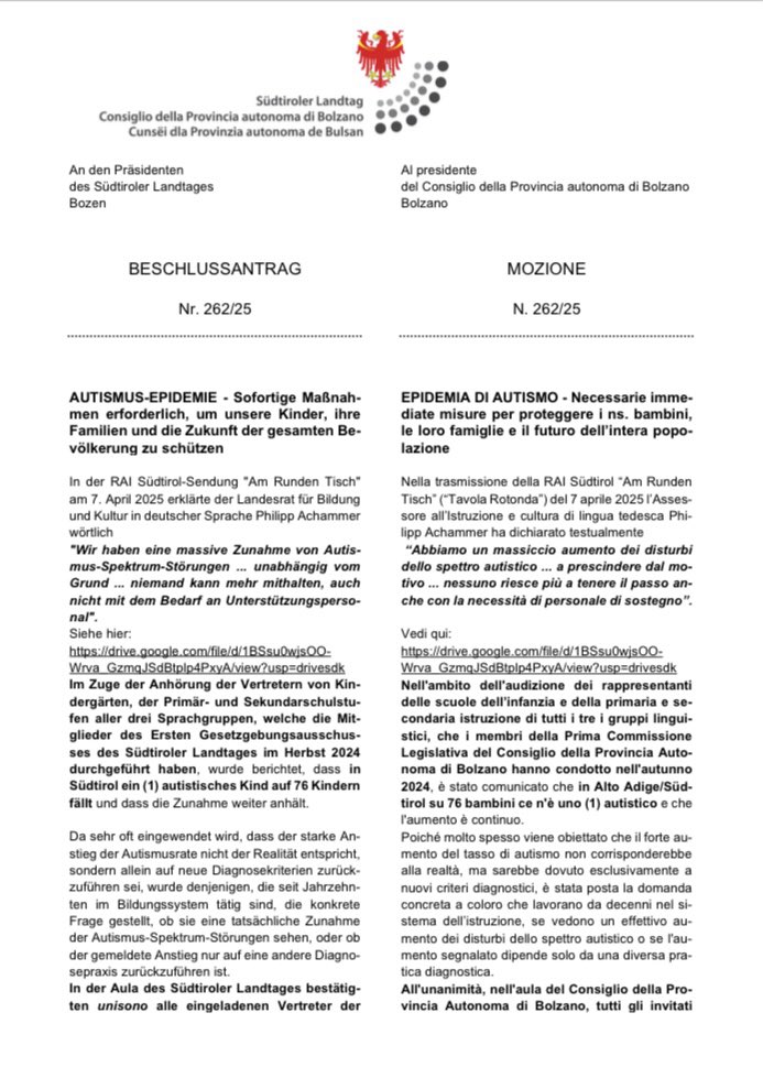 RHolzeisen's tweet photo. https://t.co/1LrtriI9FV
👆👆👆
‼️Invito a tutti i Consiglieri Regionali di tutta Italia di volersi unire alla mia azione ai fini dell‘inevitabile urgente sospensione dell’obbligo vaccinale pediatrico‼️

La mia mozione presentata in Consiglio della Provincia Autonoma di Bolzano va presentata in ogni Consiglio Regionale in tutta Italia! 
Con comunicato stampa ho invitato i colleghi nei diversi consigli regionali a voler anche loro insistere con i mezzi istituzionali per l‘urgente convocazione della Conferenza Permanente tra Stato, Regione e Province Autonome ai fini dell’’urgente ed inevitabile sospensione dell‘obbligo vaccinale pediatrico.

Qui il mio comunicato stampa 
👇👇👇
https://t.co/1LrtriI9FV