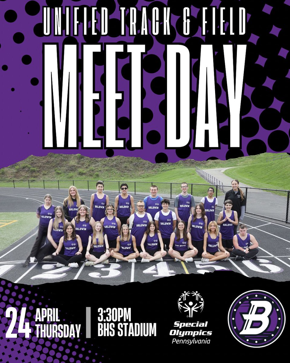 bhsolympics's tweet photo. Best of luck to our Unified Track &amp; Field team at today’s meet.  Here’s hoping you all #RunJumpThrow your way to a bunch of PR’s!!!! #PlayUnified 

@BHSActivities @BHS_APs @BWStdentService @purbalite @BaldwinAthDept https://t.co/O9gW6jgIsY