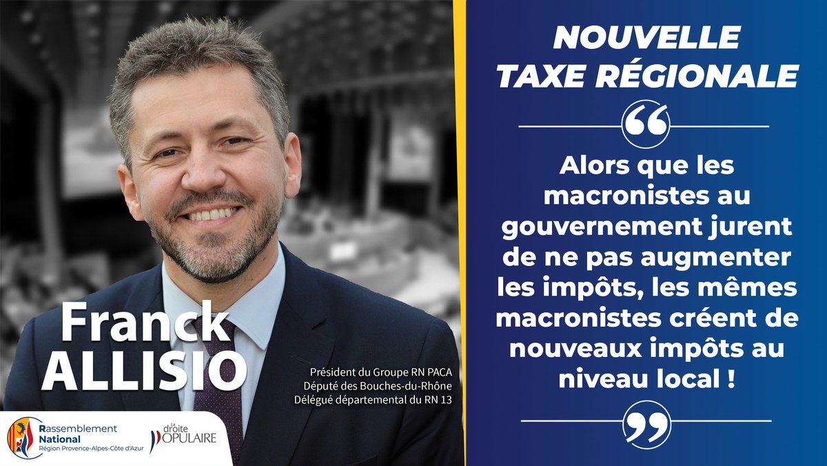 Rassemblement National PACA (@rn_paca) on Twitter photo 🟡🔴 NOUVELLE TAXE RÉGIONALE
Alors que les macronistes au gouvernement jurent de ne pas augmenter les impôts, les mêmes macronistes créent de nouveaux impôts au niveau local !
➡️ <a href="/franckallisio/">Franck Allisio</a> 🟡🔴 NOUVELLE TAXE RÉGIONALE
Alors que les macronistes au gouvernement jurent de ne pas augmenter les impôts, les mêmes macronistes créent de nouveaux impôts au niveau local !
➡️ <a href="/franckallisio/">Franck Allisio</a>