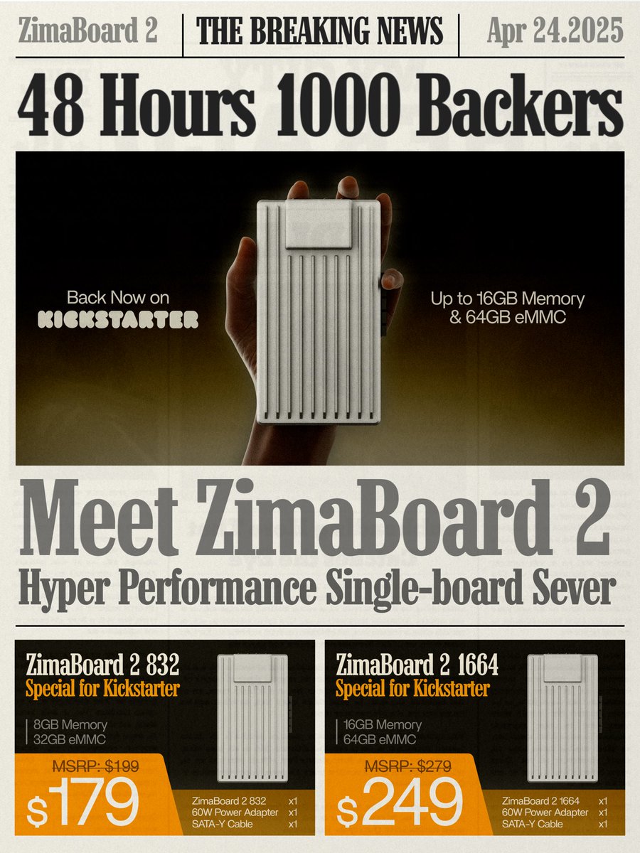 🎉 ZimaBoard2 hits 1000+ Backers
in just 48 hours! 🚀 bit.ly/3S0eO1W

A huge THANK YOU to everyone for your incredible support! 🙌

Your passion fuels our dream,and we’re excited to keep pushing forward with more surprises! 💪
#ZimaBoard2
#ThankYou