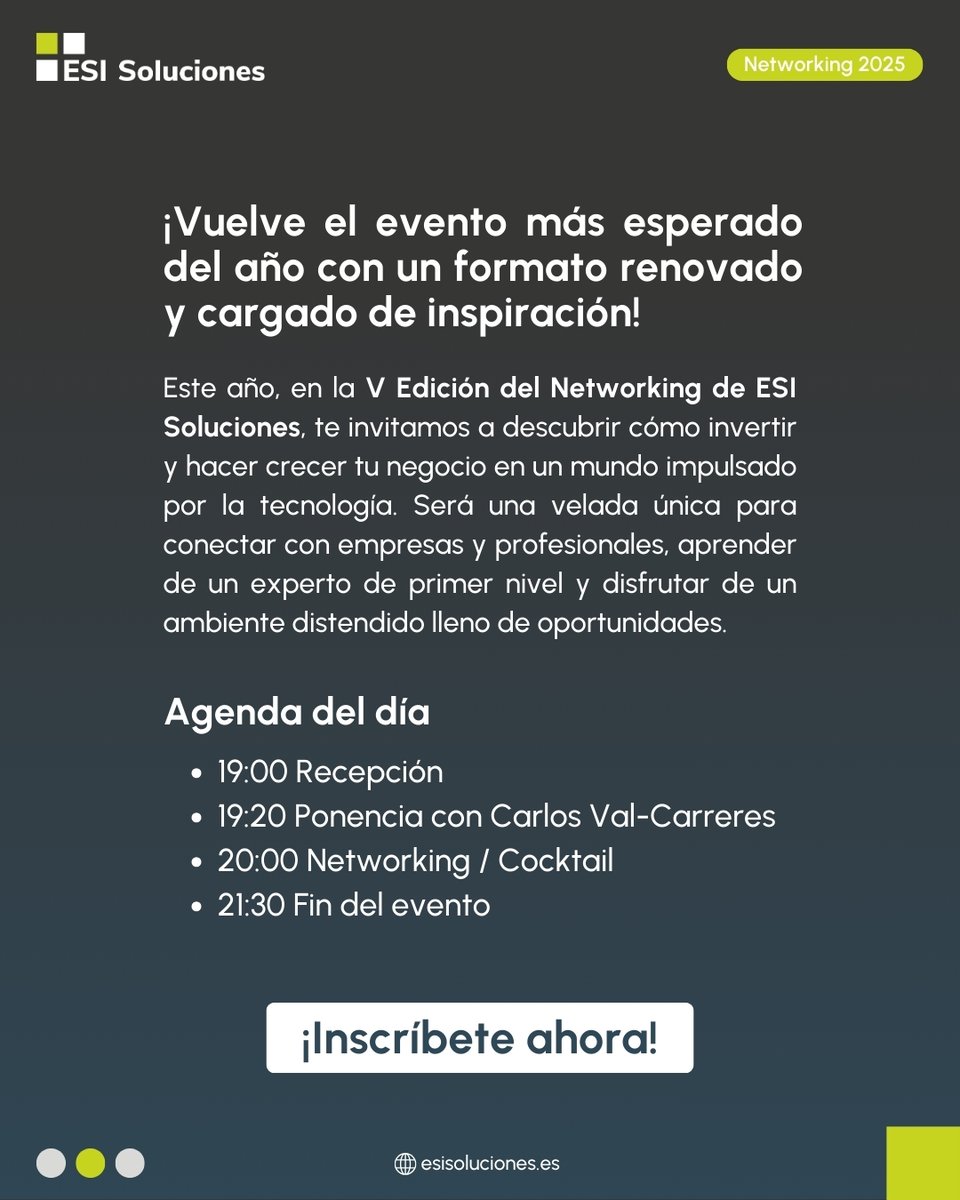 Te invitamos al Networking 2025 de ESI Soluciones:
Aprenderemos a hacer crecer nuestros negocios con inversión, conectaremos con profesionales y disfrutaremos de un ambiente genial. ¡Plazas limitadas!

👉 Inscríbete aquí: esisoluciones.es/networking-202…

¿Te animas? ¡Te esperamos! 😊