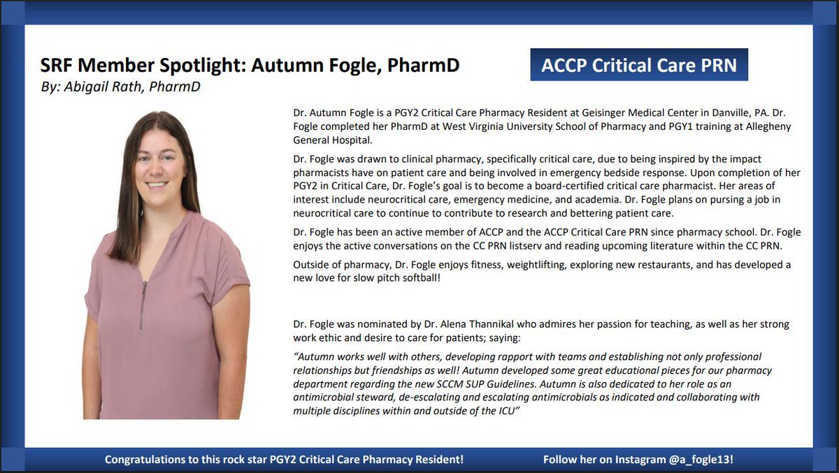 Dr. Autumn Fogle, PharmD is the <a href="/ACCP/">ACCP</a> Critical Care PRN Resident Trainee Spotlight for Q1. She has put in some amazing work this year, excited to see where she lands in the future!
 
#CritPRN #PharmICU <a href="/ACCPpostgrads/">ACCPpostgrads</a>