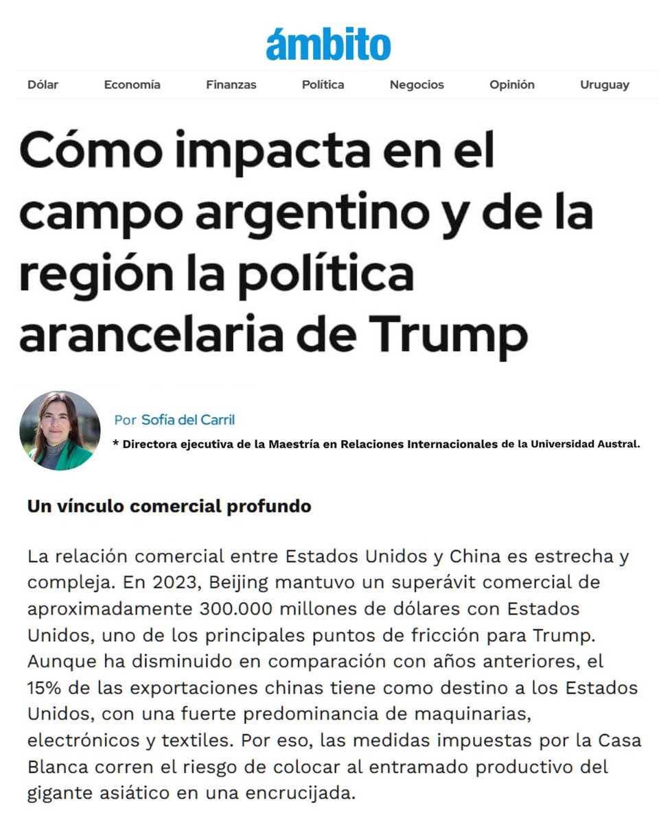 "En su capítulo agropecuario, la guerra comercial entre las dos mayores economías del mundo podría representar una ventana de oportunidad para los países y actores de la región", explicó nuestra profesora <a href="/delcarrils/">Sofía del Carril</a> para <a href="/Ambitocom/">Ámbito Financiero</a> 

👉cg0y.short.gy/LG0I8B