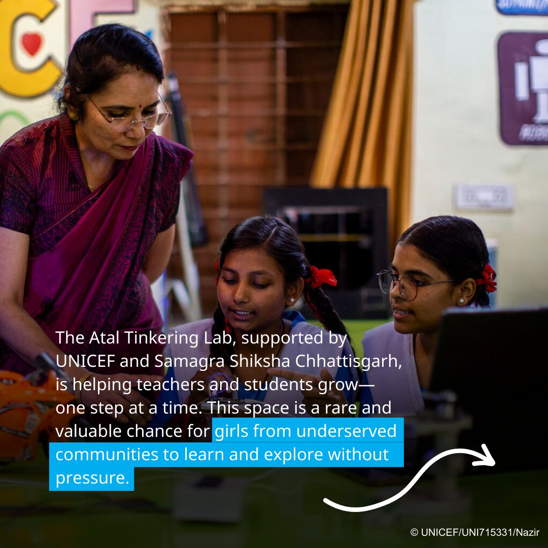 UNICEFIndia's tweet image. What happens when girls are given the space to explore, build, and think freely?
They innovate.
They lead.
They grow.
In Durg, Chhattisgarh, the Atal Tinkering Lab at a government girls’ school is doing more than teaching Science, Technology, Engineering, and Mathematics (STEM)…