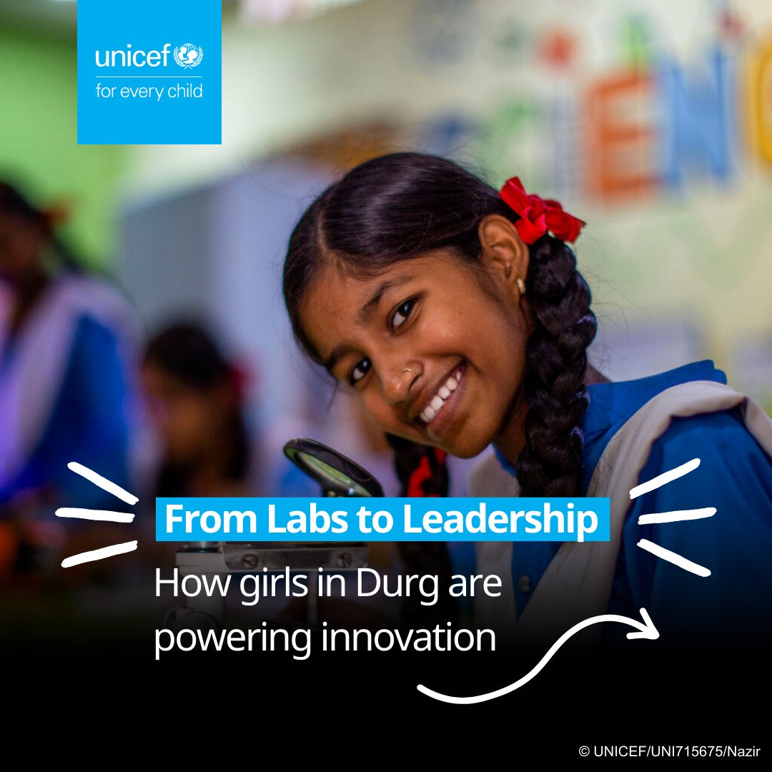 UNICEFIndia's tweet image. What happens when girls are given the space to explore, build, and think freely?
They innovate.
They lead.
They grow.
In Durg, Chhattisgarh, the Atal Tinkering Lab at a government girls’ school is doing more than teaching Science, Technology, Engineering, and Mathematics (STEM)…