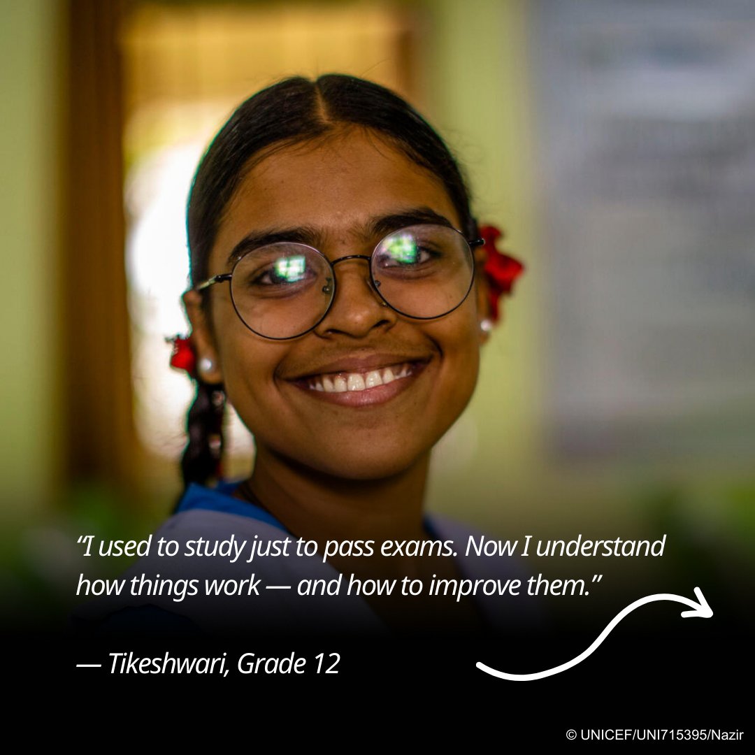UNICEFIndia's tweet image. What happens when girls are given the space to explore, build, and think freely?
They innovate.
They lead.
They grow.
In Durg, Chhattisgarh, the Atal Tinkering Lab at a government girls’ school is doing more than teaching Science, Technology, Engineering, and Mathematics (STEM)…