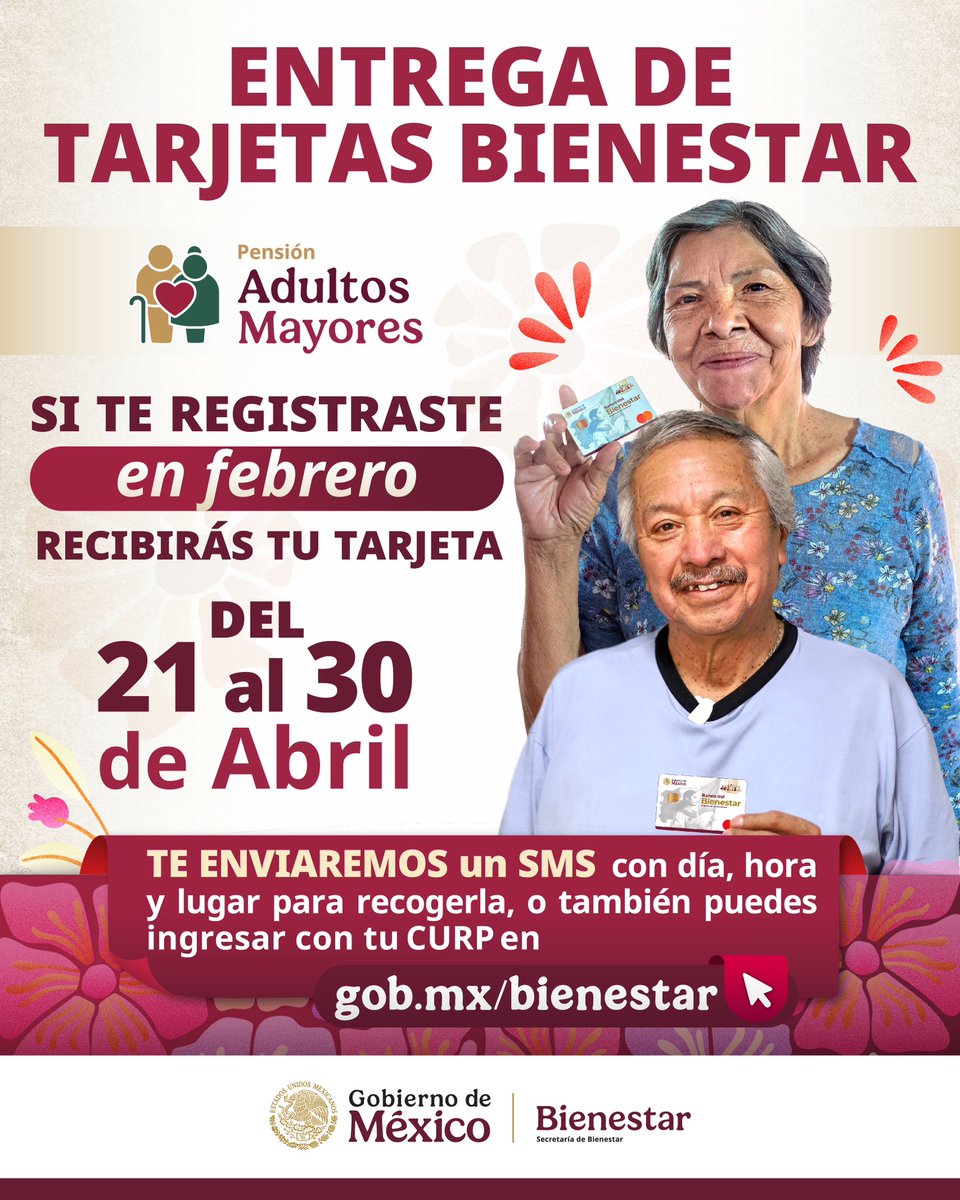 ❤ #PensiónAdultoMayor ❤
Si te registraste a la #PensiónAdultoMayor en febrero, recibirás tu #TarjetaBienestar del 21 al 30 de abril.

Mantente pendiente de tu celular, te enviaremos un SMS con la información sobre dónde recogerla.
También puedes consultar en: