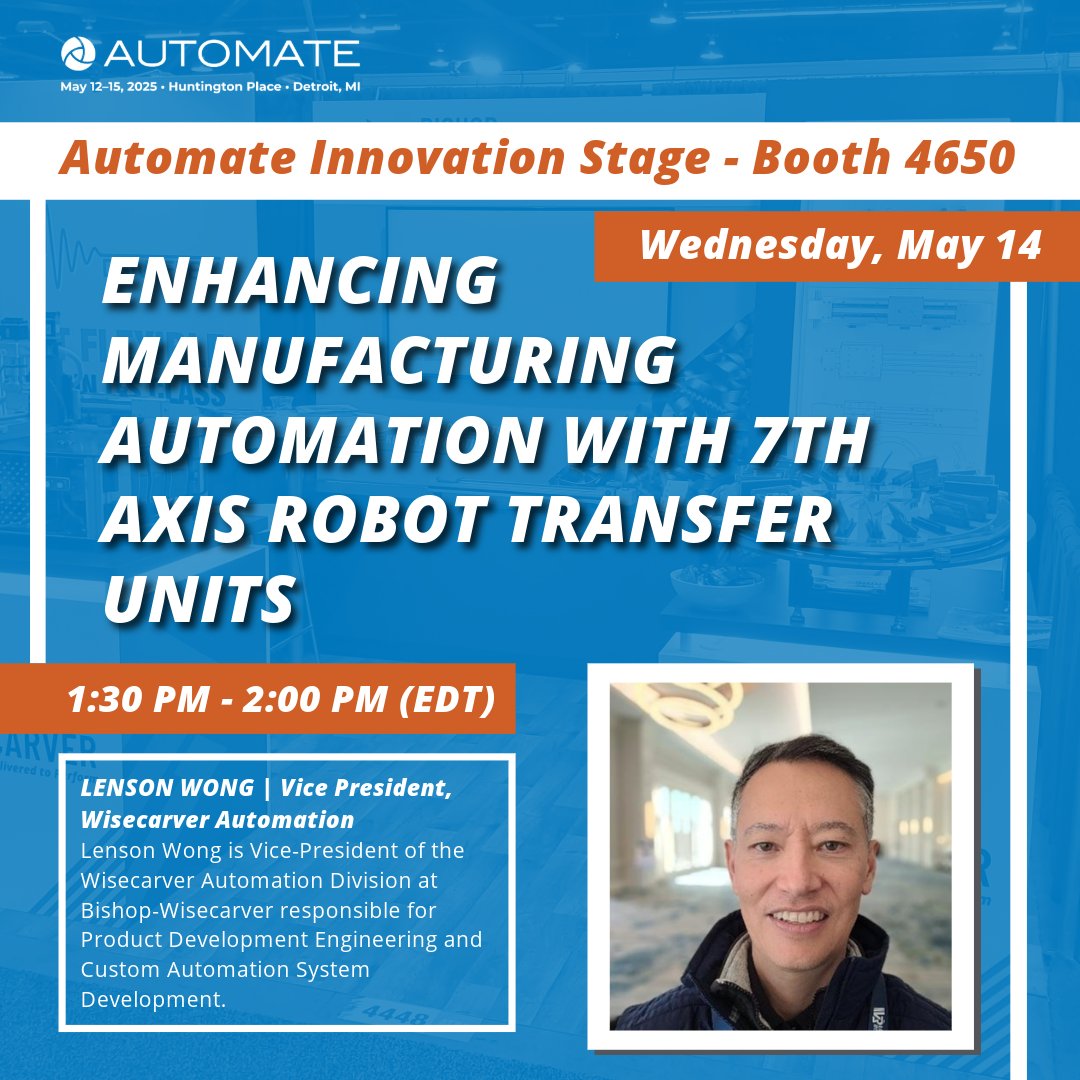 BWCnews's tweet image. We’re headed to #Automate2025 in Detroit, May 12–15! ➡️ Booth #4713 – See our LoPro® RTU in action.

🎤 Hear from Lenson Wong, VP of Wisecarver Automation: May 14 | 1:30 PM EDT
🤖 Topic: How 7th Axis RTUs are transforming automation on the factory floor

Will we see you there?