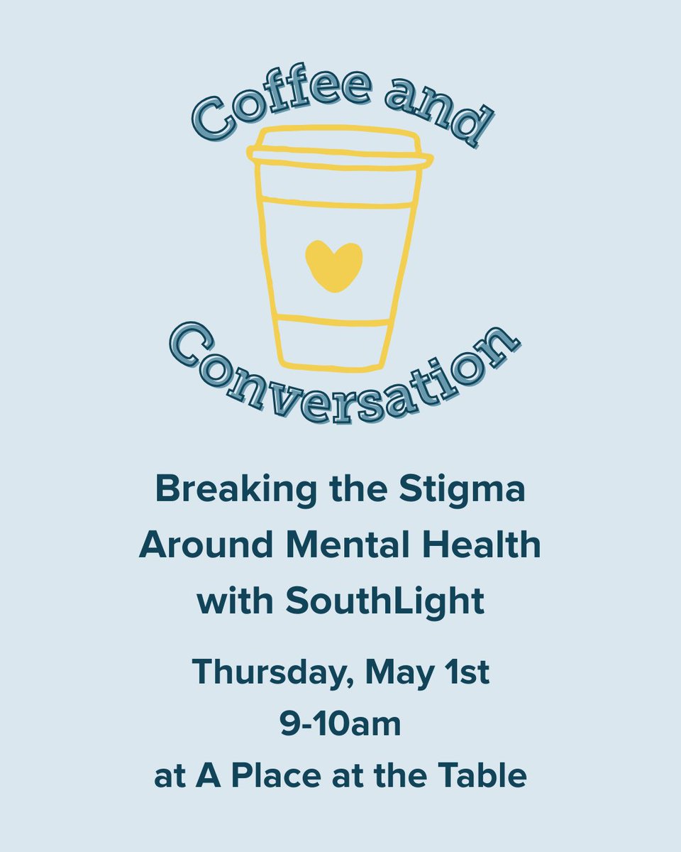 We're one week away from our next Coffee and Conversation! Join us at the cafe at 9am on May 1st for "Breaking the Stigma Around Mental Health" with SouthLight Healthcare!

Grab your spot today using the link below!

eventbrite.com/e/coffee-and-c…