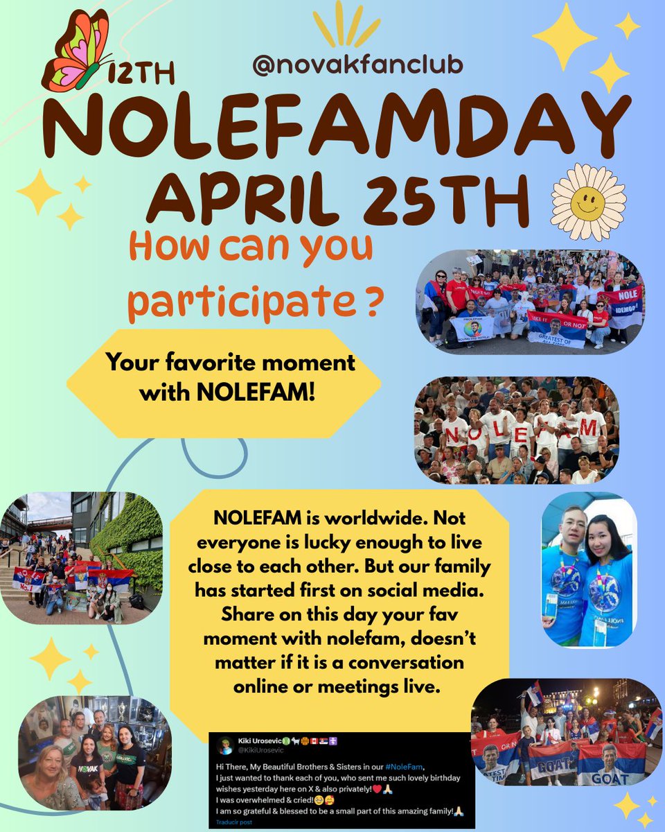 NovakFanClub's tweet image. NOLEFAM!

Tomorrow is our day to celebrate our love and admiration for Novak all day 🥰

Here are some ways you can participate. Remember to tag @NovakFanClub and add #NOLEFAMDAY so I can reshare your post 😊