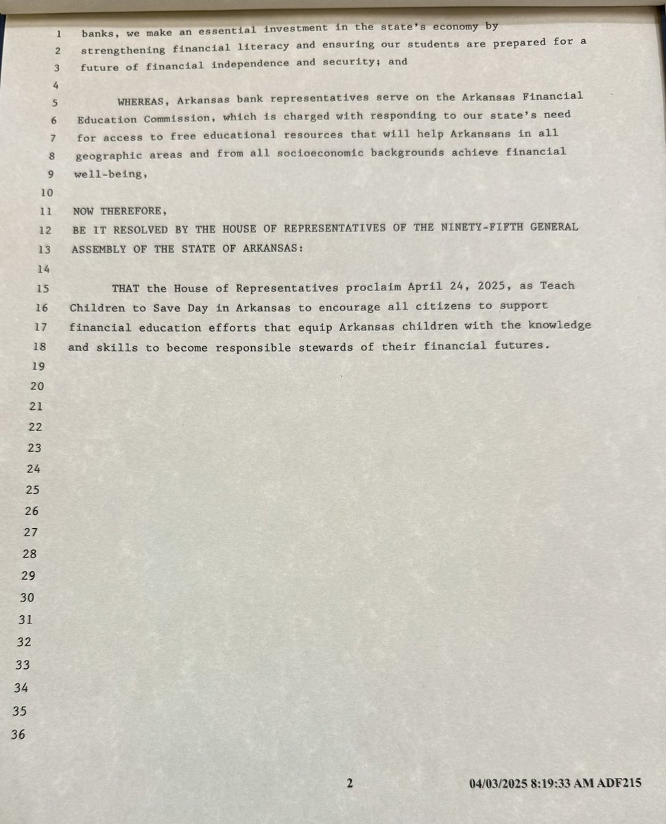 Today is officially “Teach Children to Save Day” in Arkansas! Thanks to HR 1107 by Rep. Torres, April 24 is now recognized statewide as a day to promote financial literacy among our youth.  

Let’s empower the next generation with smart saving habits &amp; money management skills!