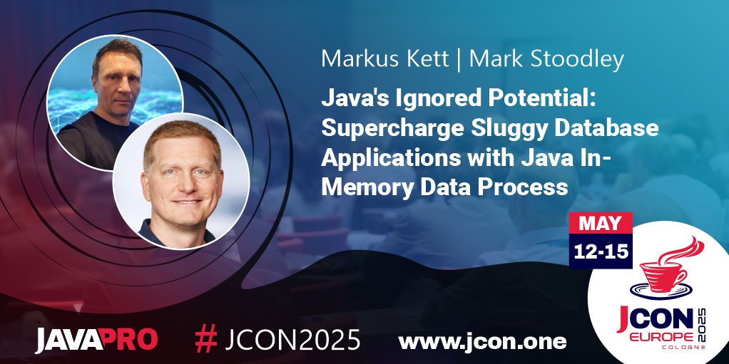 JCON (@jcon_conference) on Twitter photo Excited for #JCON EUROPE 2025? See @markuskett & <a href="/mstoodle/">Mark Stoodley</a> at #JCON2025 in Cologne talking about 'Java's Ignored Potential: Supercharge Sluggy Database Applications with Java In-Memory Data Process'
Struggling with sluggish traditional #databases and #Hibernate bottlenecks in Excited for #JCON EUROPE 2025? See @markuskett & <a href="/mstoodle/">Mark Stoodley</a> at #JCON2025 in Cologne talking about 'Java's Ignored Potential: Supercharge Sluggy Database Applications with Java In-Memory Data Process'
Struggling with sluggish traditional #databases and #Hibernate bottlenecks in