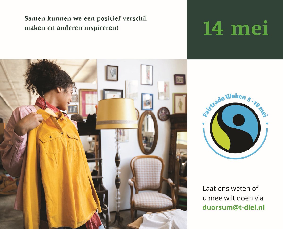 ♻️👕| Tijdens de Fairtradeweek (5-18 mei) zetten we Fair Fashion in de spotlight! Verkoop jij duurzame kleding? Sluit aan bij onze tour op 14 mei en laat zien hoe jouw winkel bijdraagt aan een betere wereld. Mail ons via duorsum@t-diel.nl!