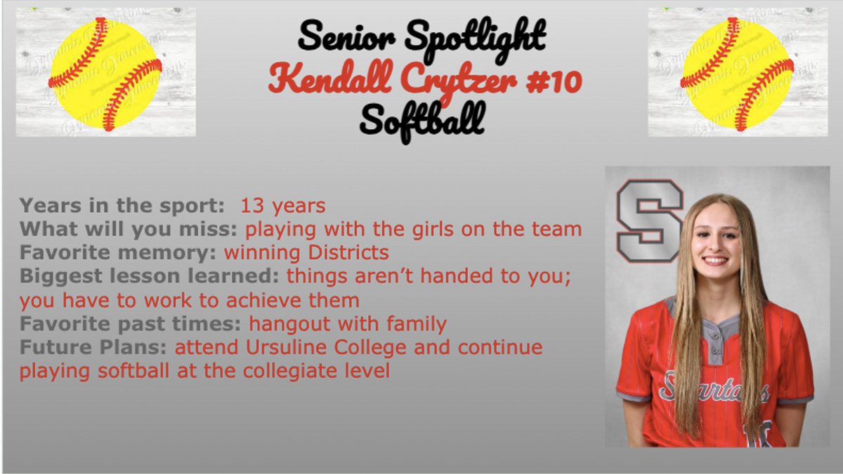 Senior Spotlight! Kendall and the Varsity Softball Team will host the Field Falcons tonight at Jedd Park. Game time is 5 pm. Come support our Lady Spartans! Good Luck Spartans!