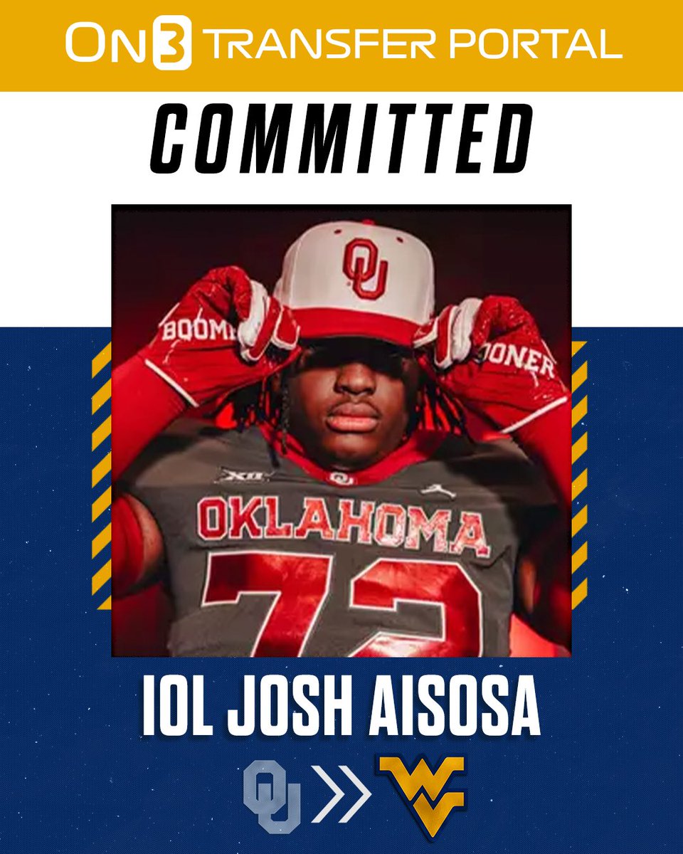 BREAKING: Oklahoma transfer IOL Josh Aisosa has signed with West Virginia, <a href="/PeteNakos_/">Pete Nakos</a> reports⛰️

on3.com/transfer-porta…