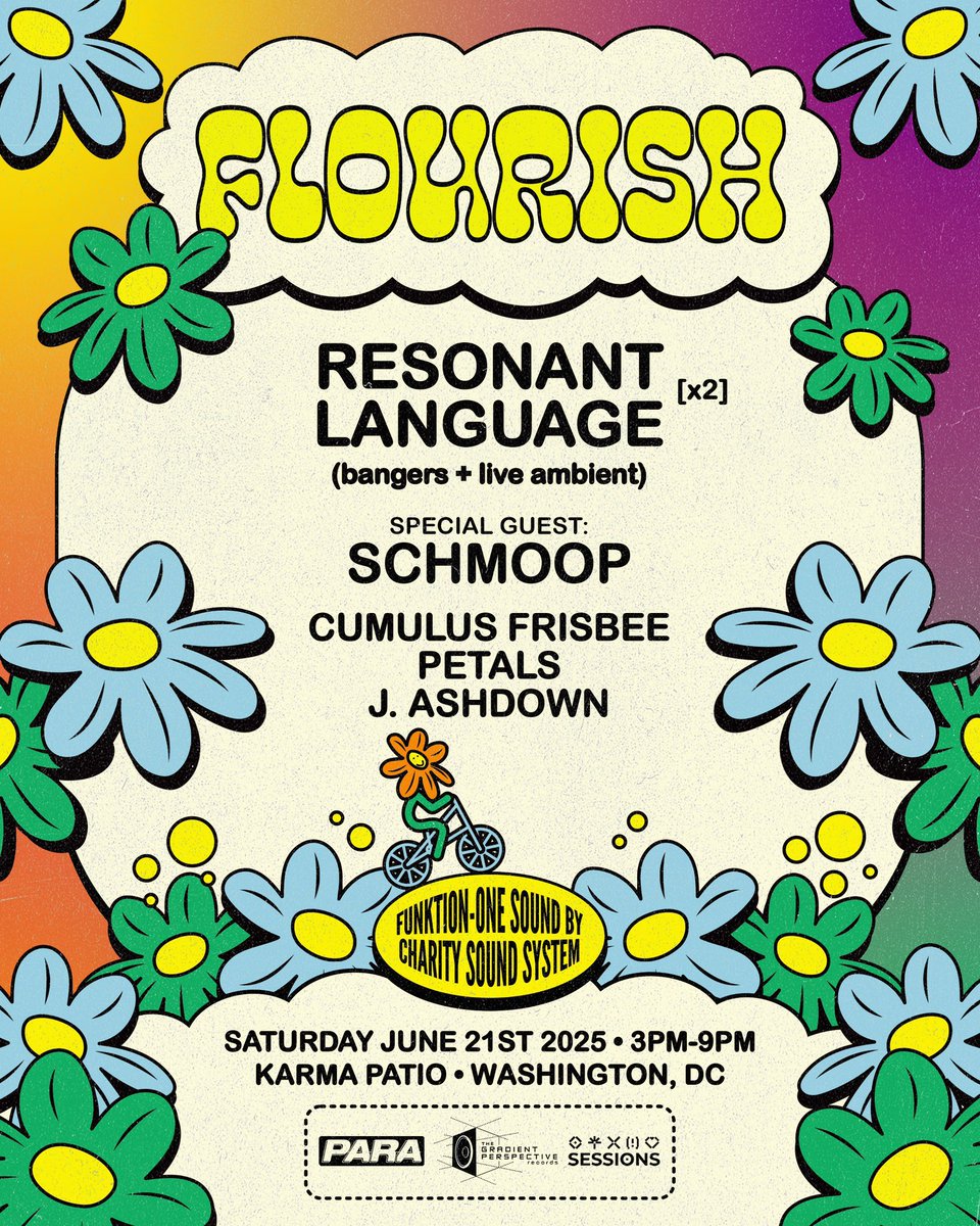 We proudly present the next iteration of 𝐹𝐿𝒪𝒰𝑅𝐼𝒮𝐻, a daytime event on the Karma Patio powered by Charity Sound System. Featuring the debut performance of his live ambient set, Resonant Language returns to the district to curate this party with a slew of friends 💐🔊

🎫⬇️