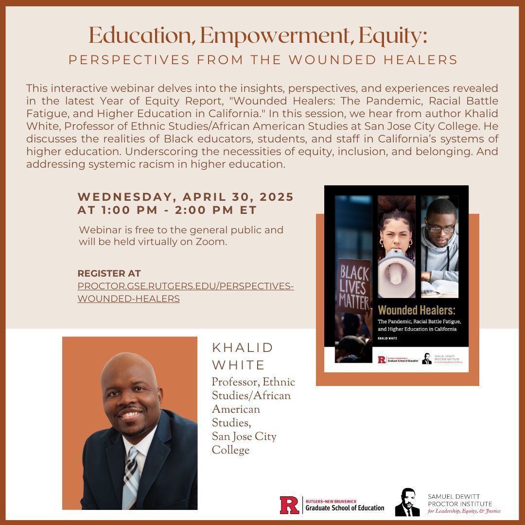 The Samuel DeWitt Proctor Institute (@sdpinstitute) on Twitter photo 📢 Happening Next Week! Don’t Miss Out! 📢
Join us for Education, Empowerment, Equity: Perspectives From the Wounded Healers with Khalid White (<a href="/brother_white/">Dr. Khalid White</a>)!
🗓️April 30th, 2025 at 1:00 - 2:00 PM ET
Register here: buff.ly/iBnY1lj 📢 Happening Next Week! Don’t Miss Out! 📢
Join us for Education, Empowerment, Equity: Perspectives From the Wounded Healers with Khalid White (<a href="/brother_white/">Dr. Khalid White</a>)!
🗓️April 30th, 2025 at 1:00 - 2:00 PM ET
Register here: buff.ly/iBnY1lj