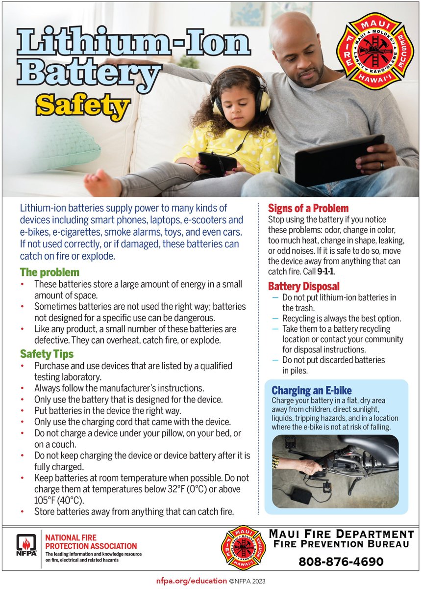 Lithium-Ion batteries are in may items in our homes.  A fire involving a lithium-ion battery can be difficult to extinguish.  Follow these tips yo minimize the chance of a fire.