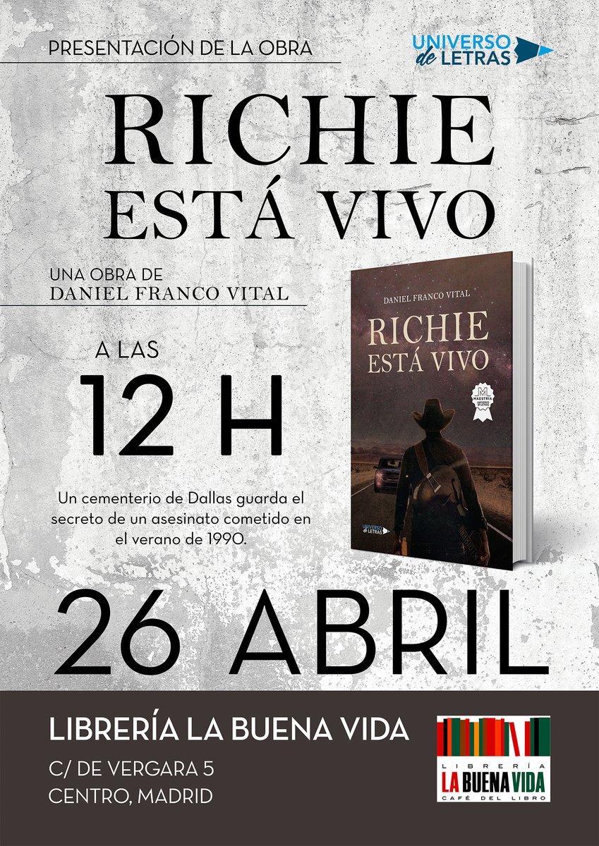 La Buena Vida (@labuenavidalib) on Twitter photo Este sábado, a las 12 h, Daniel Franco Vital presenta su libro 'Richie está vivo' (<a href="/UniversoDL/">Universo de Letras</a>).
La entrada es libre hasta completar aforo, pero puedes asegurarte tu plaza reservándola aquí:
acortar.link/9gFGSb
#libreríasdemadrid #libreríasindependientes Este sábado, a las 12 h, Daniel Franco Vital presenta su libro 'Richie está vivo' (<a href="/UniversoDL/">Universo de Letras</a>).
La entrada es libre hasta completar aforo, pero puedes asegurarte tu plaza reservándola aquí:
acortar.link/9gFGSb
#libreríasdemadrid #libreríasindependientes