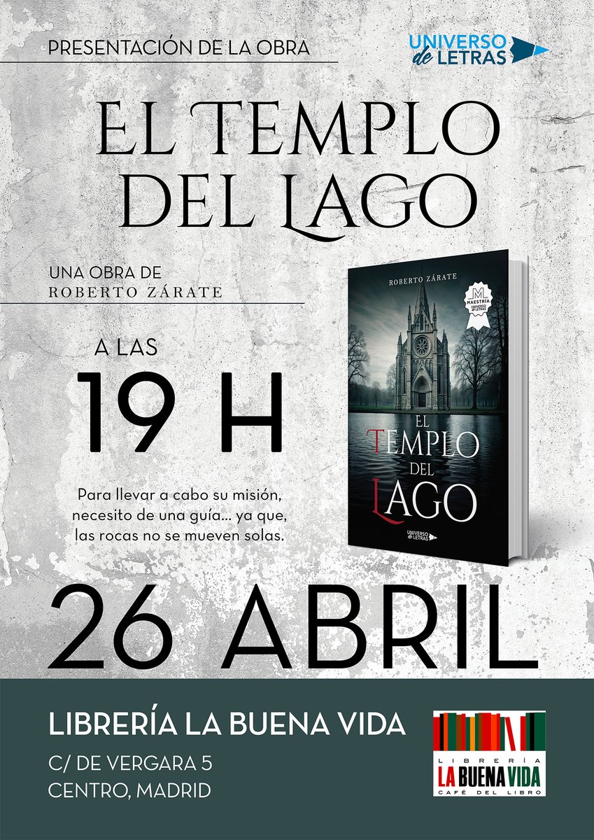 La Buena Vida (@labuenavidalib) on Twitter photo Y también el sábado, a partir de las 19 h, recibimos a Roberto Zárate, que viene a presentarnos 'El templo del lago' (<a href="/UniversoDL/">Universo de Letras</a>).
La entrada es libre hasta completar aforo, pero se pueden reservar algunas de las plazas de asiento aquí:
acortar.link/VuG4gI
#libreríasdemadrid Y también el sábado, a partir de las 19 h, recibimos a Roberto Zárate, que viene a presentarnos 'El templo del lago' (<a href="/UniversoDL/">Universo de Letras</a>).
La entrada es libre hasta completar aforo, pero se pueden reservar algunas de las plazas de asiento aquí:
acortar.link/VuG4gI
#libreríasdemadrid