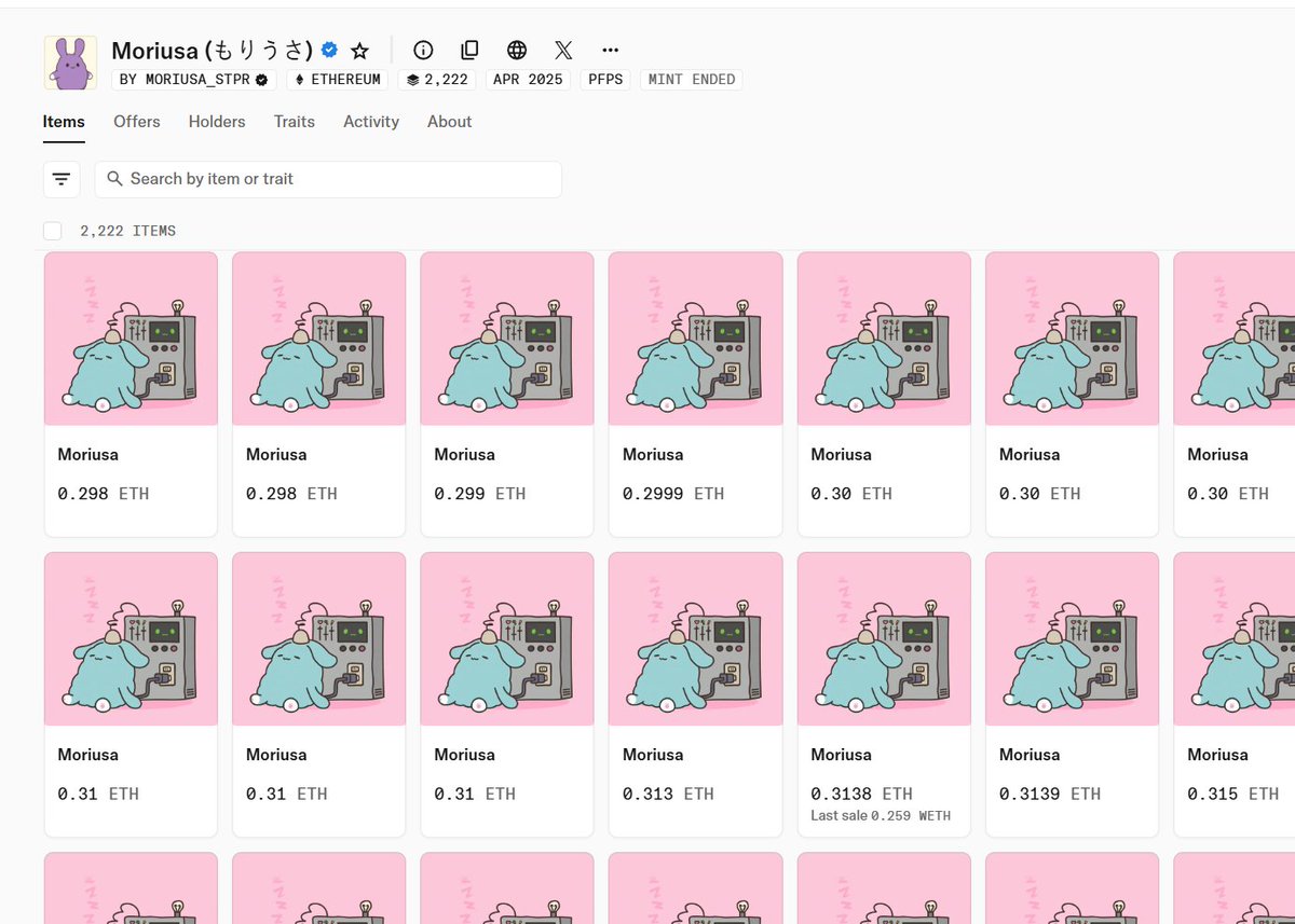 .<a href="/moriusa_STPR/">Moriusa (もりうさ)</a> cooked 🔥

MP 0.05 =&gt; Floor 0.3 ( x6 profit )

Congratulations to the team and thanks for the cooperation from <a href="/NicsyNFT/">Nicsy</a> 💐🫡

Successfully minted 40 wl for my communities 🤝