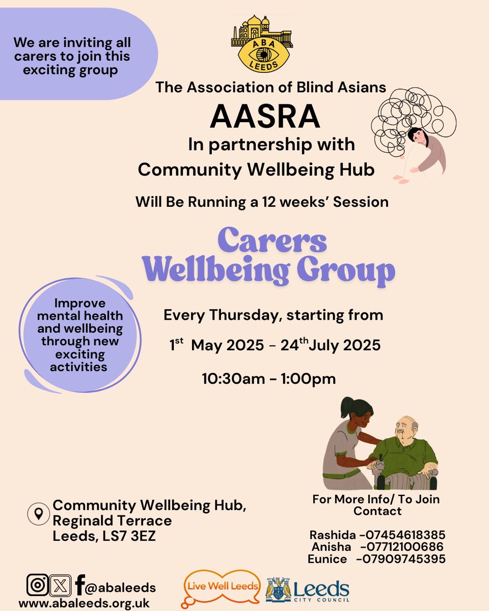 ABA Leeds (@abaleeds) on Twitter photo Carers Wellbeing Group ๐ฟ
ABA Leeds AASRA, in partnership with the Community Wellbeing Hub, is launching a 12-week wellbeing group just for carers. 
Every Thursday | 10:30amโ1:00pm
๐Starting 1st May โ 24th July
Join us to relax, recharge, and connect with others who understand. Carers Wellbeing Group ๐ฟ
ABA Leeds AASRA, in partnership with the Community Wellbeing Hub, is launching a 12-week wellbeing group just for carers. 
Every Thursday | 10:30amโ1:00pm
๐Starting 1st May โ 24th July
Join us to relax, recharge, and connect with others who understand.