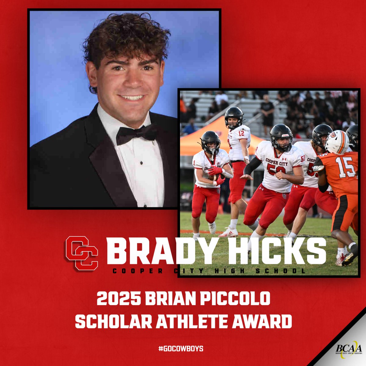 Congratulations to Brady Hicks who will be recognized tonight at the 2025 Brian Piccolo Scholar Athlete Awards Banquet as Cooper City High School's nominee.  Go Cowboys!  <a href="/Principal_CCHS/">Principal Perkovic</a> <a href="/CooperCityHigh/">Cooper City High School</a>
