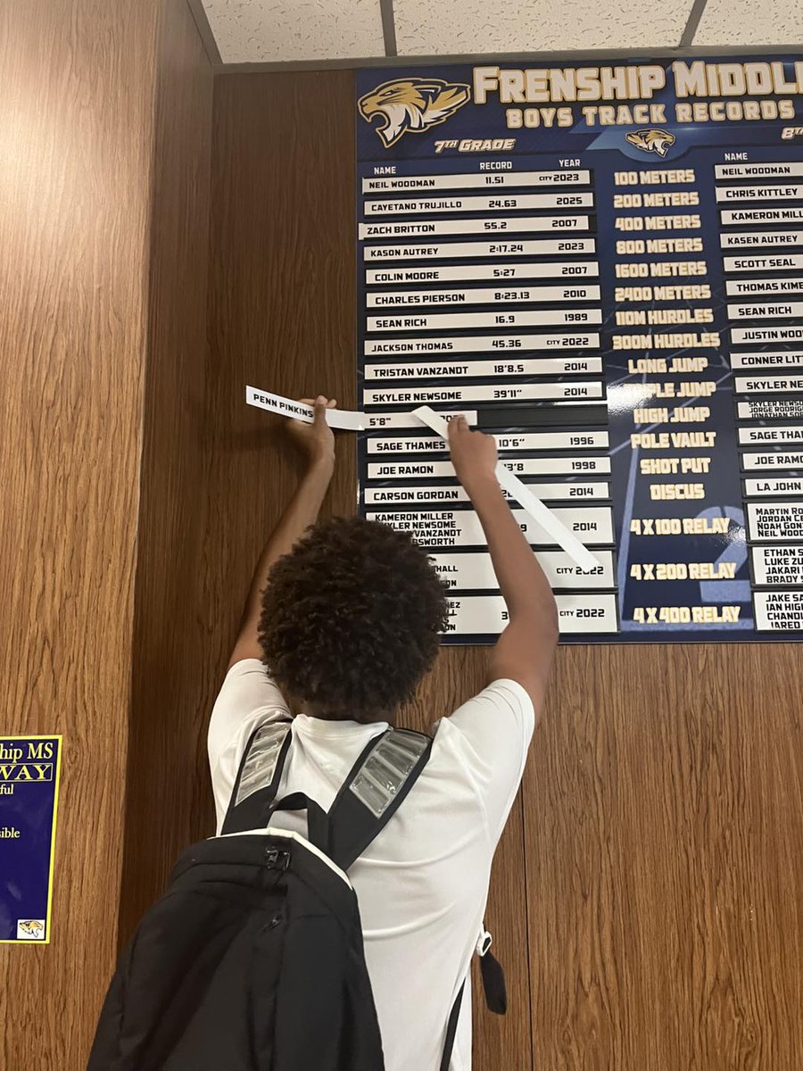 FrenshipMS's tweet photo. **New school records**
Penn Pinkins high jump 5’8”
Nano Trujillo 200 m dash 24.63
Great job, Tigers!!! https://t.co/4uglAwQ7LH