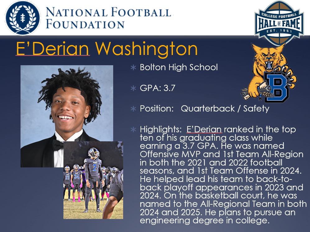On behalf of the Memphis Chapter of The National Football Foundation, we would like to congratulate E'Derian Washington of Bolton High School for being honored as one of our Scholar Athletes for the 2024-25 football season <a href="/NFFNetwork/">National Football Foundation</a> <a href="/BHS_WILDCATS_FB/">Bolton Football</a>