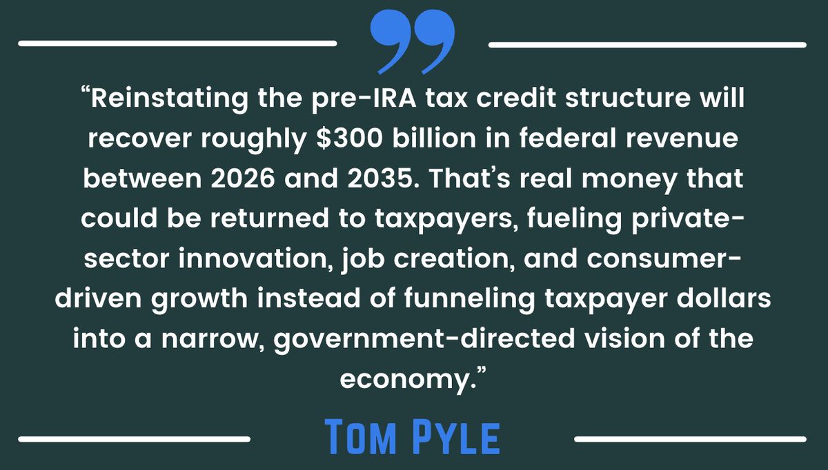 Institute for Energy Research (@ierenergy) on Twitter photo Last week, we released a new report, Revenue Estimates for Repealing the Clean Vehicle Tax Credits, outlining how repealing the Inflation Reduction Act’s EV subsidies will save taxpayers approximately $300 billion from 2026 to 2035.
Read the full report:
instituteforenergyresearch.org/renewable/new-… Last week, we released a new report, Revenue Estimates for Repealing the Clean Vehicle Tax Credits, outlining how repealing the Inflation Reduction Act’s EV subsidies will save taxpayers approximately $300 billion from 2026 to 2035.
Read the full report:
instituteforenergyresearch.org/renewable/new-…