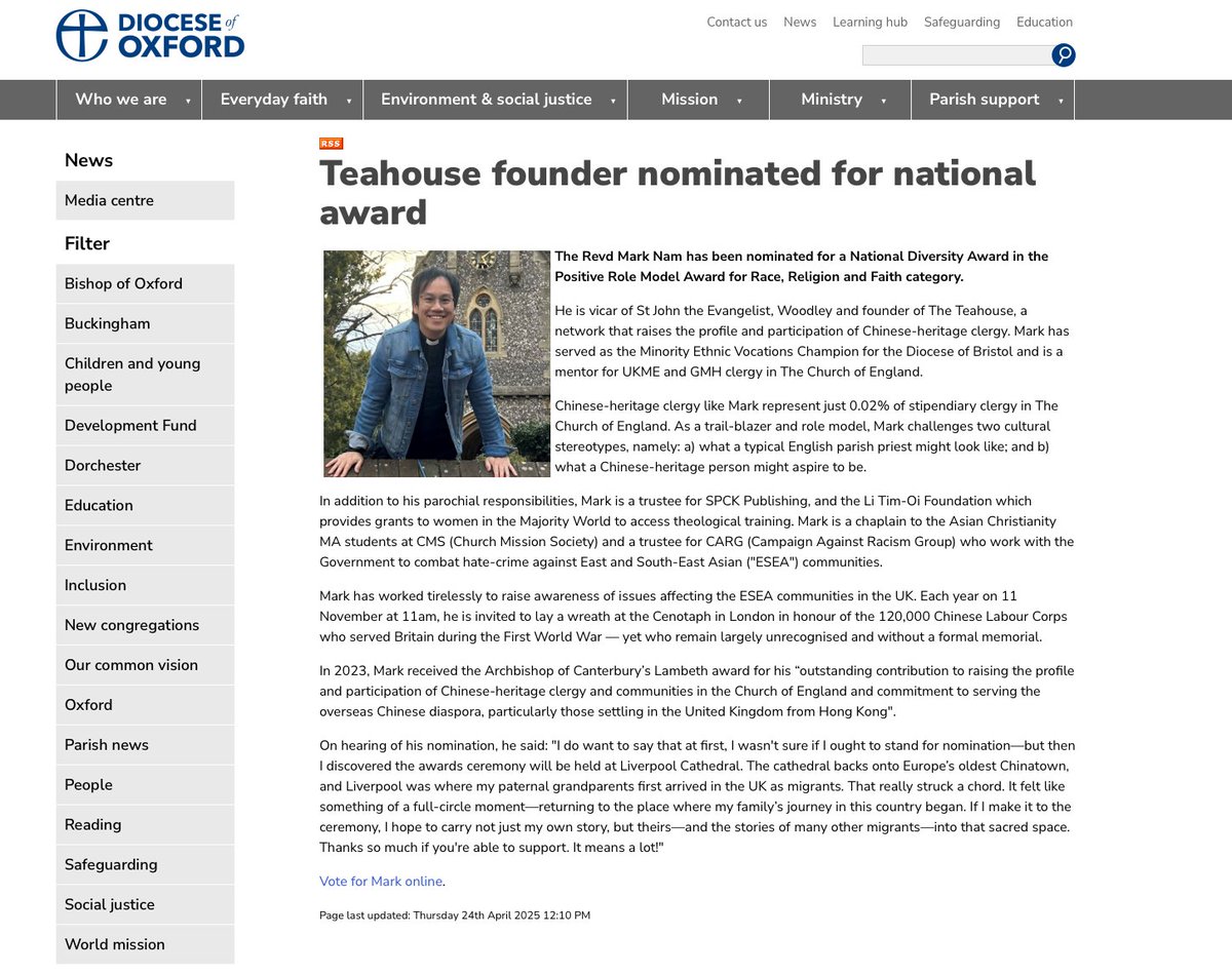 Wonderful to see Revd. <a href="/marknam/">Mark Nam</a> mentioned in Diocesan news for his recent nomination. To register a vote, follow the link:
oxford.anglican.org/news/teahouse-…