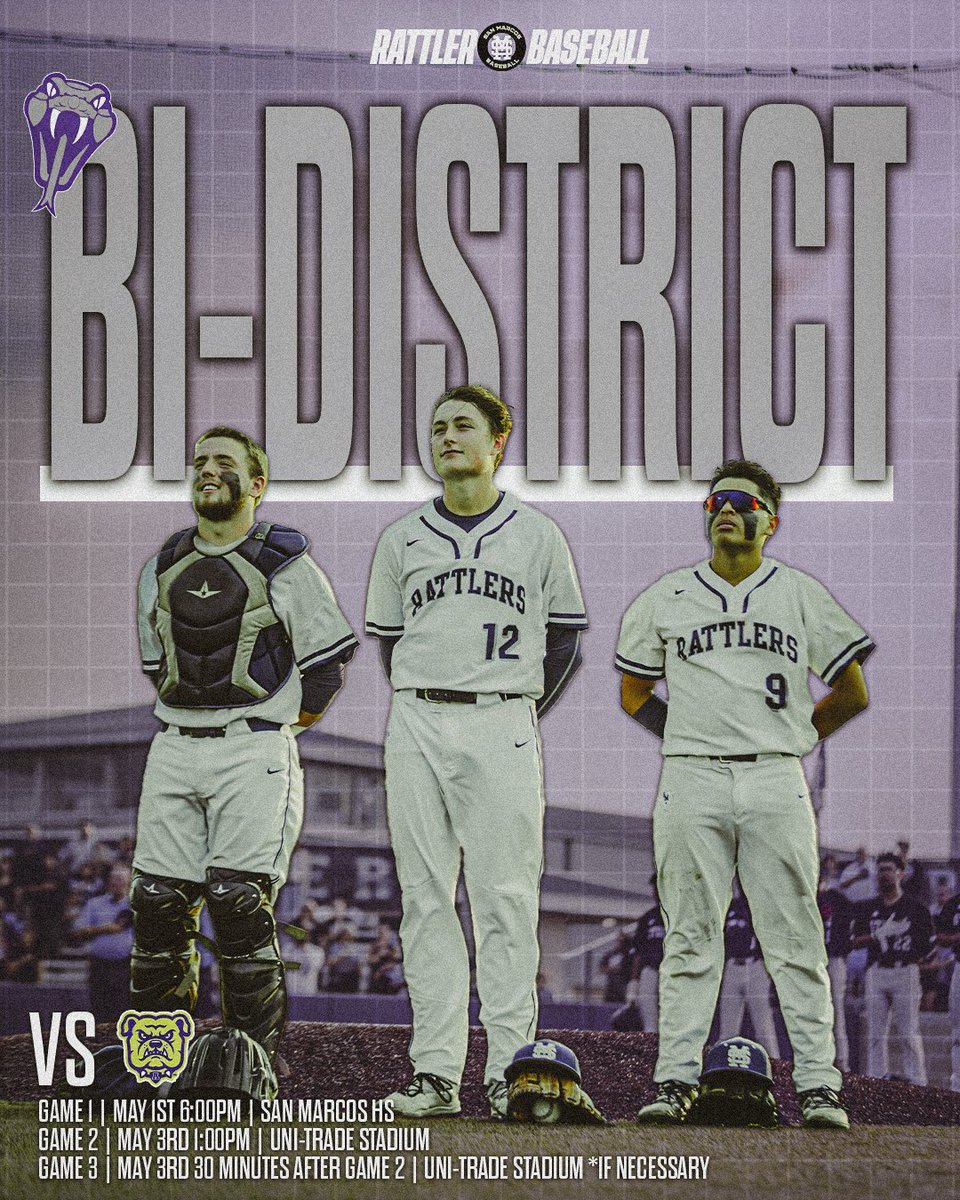 Bi-District championship!
San Marcos vs Laredo Alexander 
Best of 3 Series- 
Game 1-Thursday May 1st- 6PM- San Marcos
Game 2-Saturday May 3rd- 1PM- Uni-Trade Stadium in Laredo. 
Game 3- 30 min following game 2- If Necessary* 

See y’all next Thursday! 

#Together