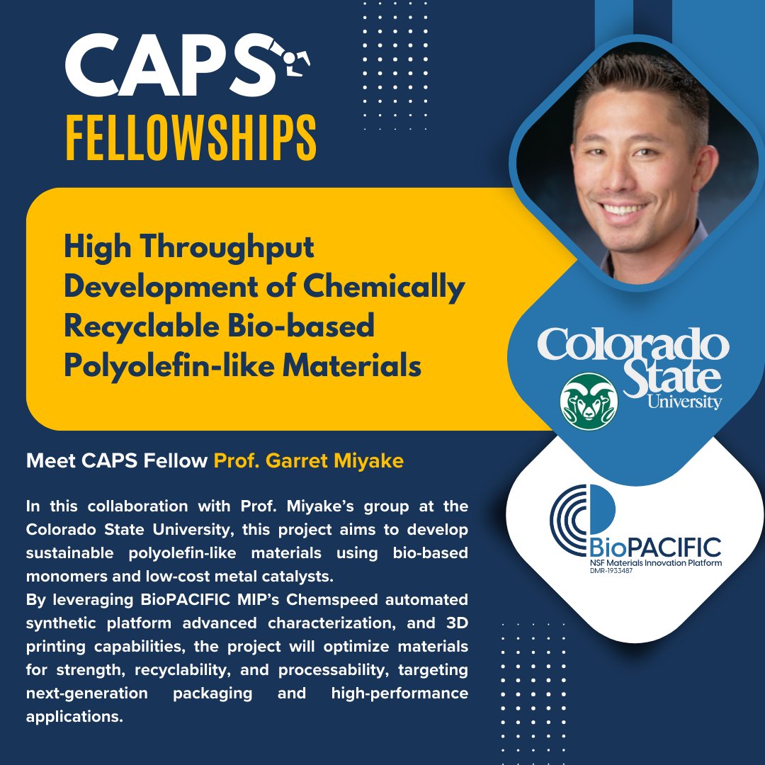 BioPACIFIC MIP (@biopacificmip) on Twitter photo CAPS Fellowships Spotlight!
Prof. Garret Miyake (<a href="/ColoradoStateU/">Colorado State University</a>) is developing recyclable, bio-based polyolefin-like polymers♻️
✅ High-throughput synthesis of sustainable materials
✅ Exploring new polymerization techniques
✅ Advancing next-gen packaging + performance polymers CAPS Fellowships Spotlight!
Prof. Garret Miyake (<a href="/ColoradoStateU/">Colorado State University</a>) is developing recyclable, bio-based polyolefin-like polymers♻️
✅ High-throughput synthesis of sustainable materials
✅ Exploring new polymerization techniques
✅ Advancing next-gen packaging + performance polymers