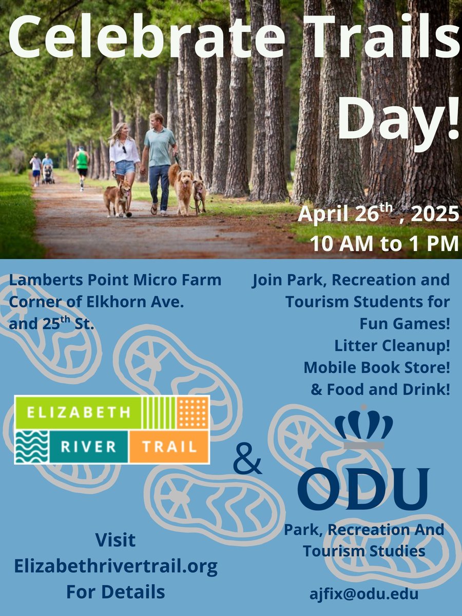 Join Park, Recreation and Tourism students for fun games, litter cleanup, mobile book store, and food and drink!

When: April 26th, 2025
10 am - 1 pm

Visit Elizabethrivertrail.org for details

#odu #dceps #parksandrecreation #tourism