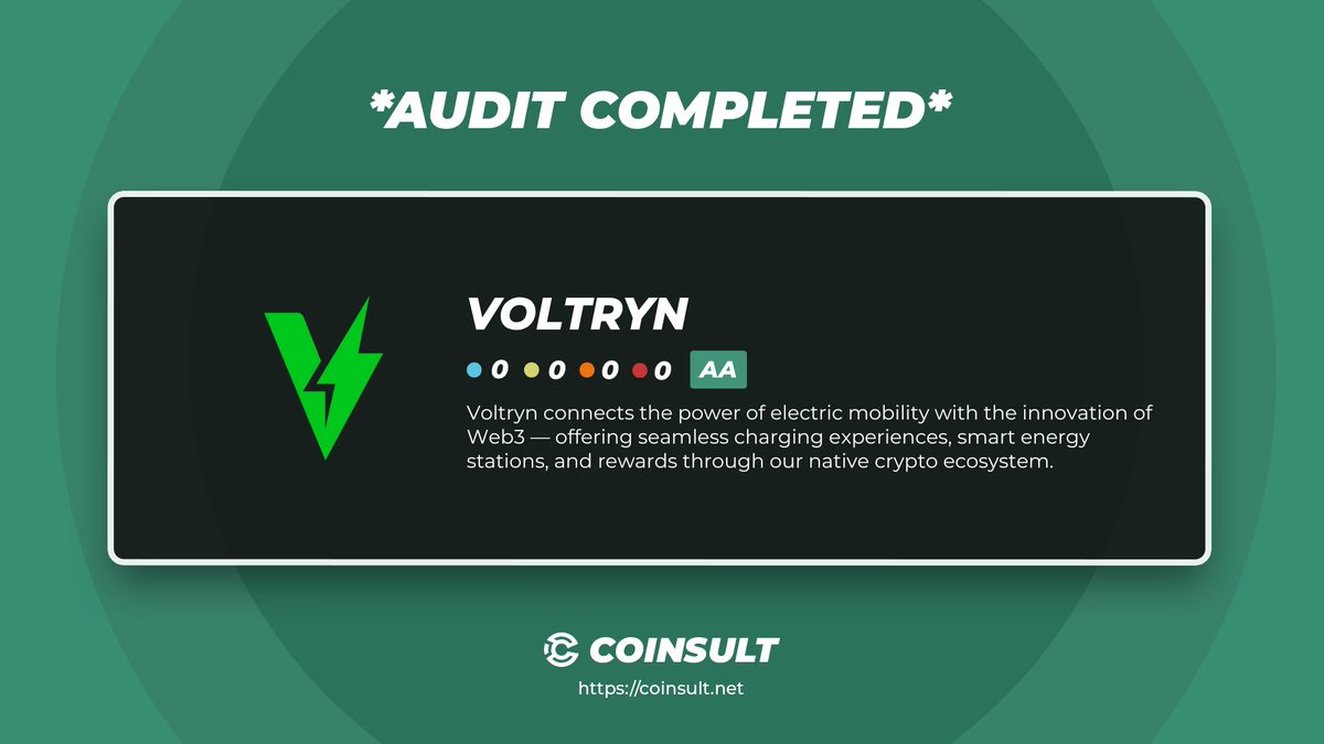CoinsultAudits's tweet photo. 🔒 AUDIT COMPLETED FOR VOLTRYN

🎁 GIVEAWAY: $100

1⃣ Follow @Voltryn  &amp; @CoinsultAudits
2⃣ Like + RT this tweet
3⃣ Place a comment 💬

Go check out the full project page of Voltryn 👇
https://t.co/Ieqd0dnYJr

#giveaway #audit #smartcontract #cryptogiveaway #crypto #pinksale https://t.co/swuAVfiKzi