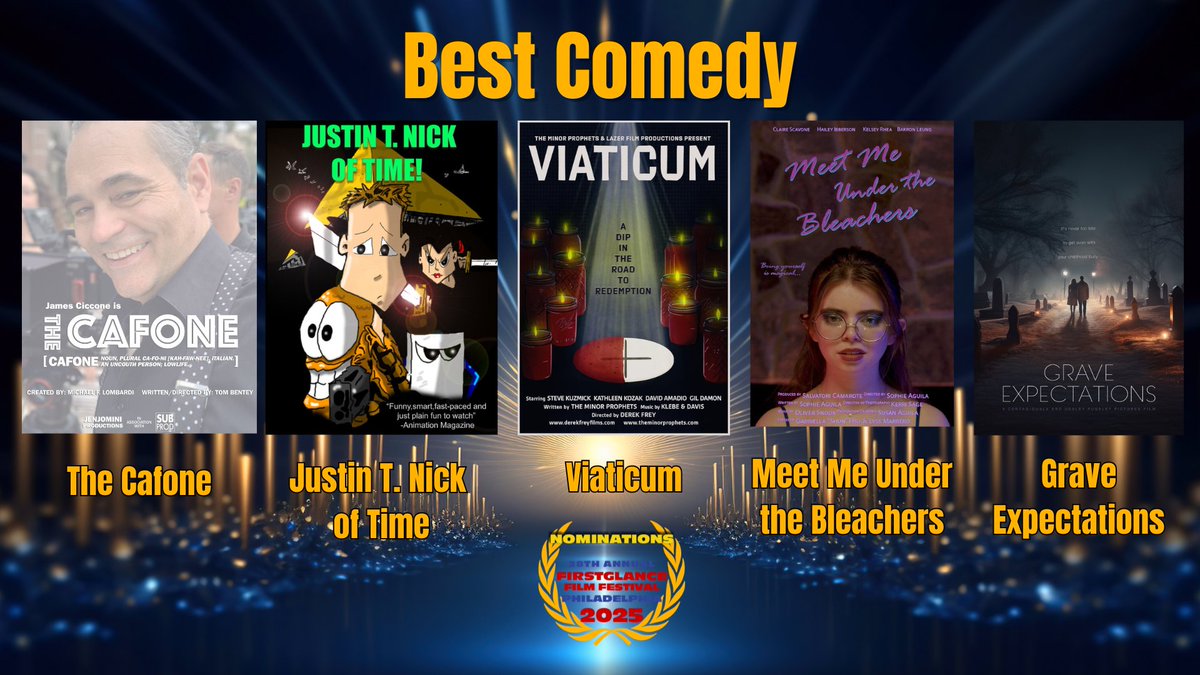 FirstGlance Film Festivals- Checkmark since 2019 (@firstglancefilm) on Twitter photo Congratulations to the nominees for
Best Comedy
The Cafone- Thomas Bentey
Justin T. Nick Of Time- Mike Reeping
Viaticum- <a href="/DerekFreyFilms/">Derek Frey</a>
Meet me Under The Bleachers- Sophie Aguila
Grave Expectations- Larry Ziegelman
See them 28th <a href="/FirstGlanceFilm/">FirstGlance Film Festivals- Checkmark since 2019</a> #FilmFestival #Philadelphia Congratulations to the nominees for
Best Comedy
The Cafone- Thomas Bentey
Justin T. Nick Of Time- Mike Reeping
Viaticum- <a href="/DerekFreyFilms/">Derek Frey</a>
Meet me Under The Bleachers- Sophie Aguila
Grave Expectations- Larry Ziegelman
See them 28th <a href="/FirstGlanceFilm/">FirstGlance Film Festivals- Checkmark since 2019</a> #FilmFestival #Philadelphia
