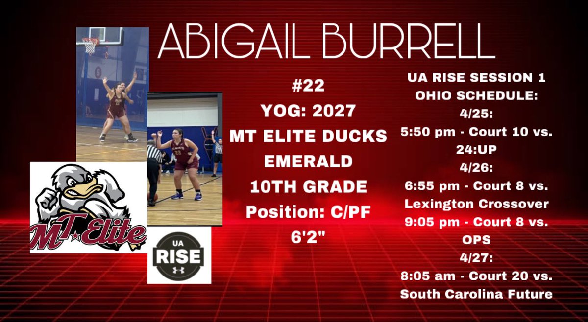 Abigail Burrell (@burrell_abigail) on Twitter photo Can’t wait to kick off AAU season and the <a href="/UARiseGirls/">UA Rise Girls I Basketball</a> circuit this weekend in Ohio. This is when I will be playing.
<a href="/MTEliteDucks/">MT Elite Ducks</a> <a href="/mdell74/">Matt DellaBarba</a> <a href="/AllieScarpa/">Allie</a> <a href="/TimLopes9/">Coach Tim Lopes</a> <a href="/jburrell72/">Jeffrey Burrell</a> <a href="/sburrell42/">Stephanie Burrell</a> Can’t wait to kick off AAU season and the <a href="/UARiseGirls/">UA Rise Girls I Basketball</a> circuit this weekend in Ohio. This is when I will be playing.
<a href="/MTEliteDucks/">MT Elite Ducks</a> <a href="/mdell74/">Matt DellaBarba</a> <a href="/AllieScarpa/">Allie</a> <a href="/TimLopes9/">Coach Tim Lopes</a> <a href="/jburrell72/">Jeffrey Burrell</a> <a href="/sburrell42/">Stephanie Burrell</a>