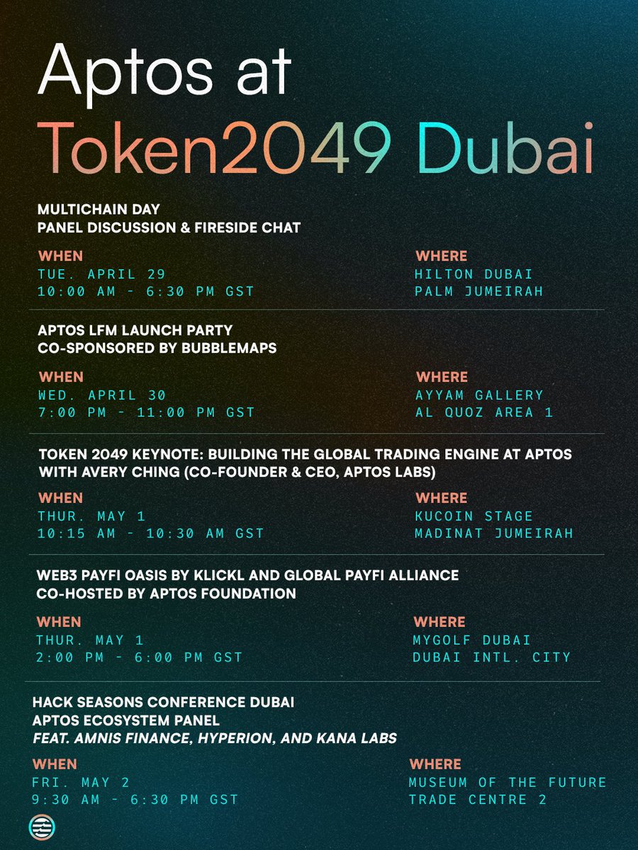Aptos is heading to Dubai for #TOKEN2049—and we're making some noise! 🔊

All week long: elite events, nonstop alpha, and access to the tools and talent shaping the next wave of Web3 unicorns.

Want to see what's next in Web3?
🔖 Bookmark this thread and don't miss a Move! 🧵