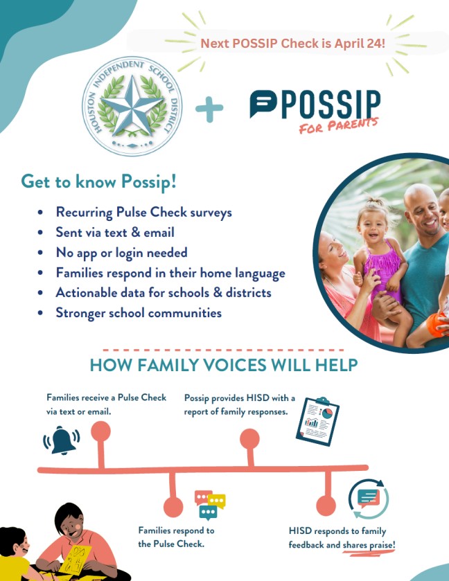 Families, you may receive messages from POSSIP—an app that gives you an easy way to share feedback with your campus. Click the link in the text message and let your voice be heard.

Don’t forget to shout out your favorite teacher and show your appreciation while you’re at it!